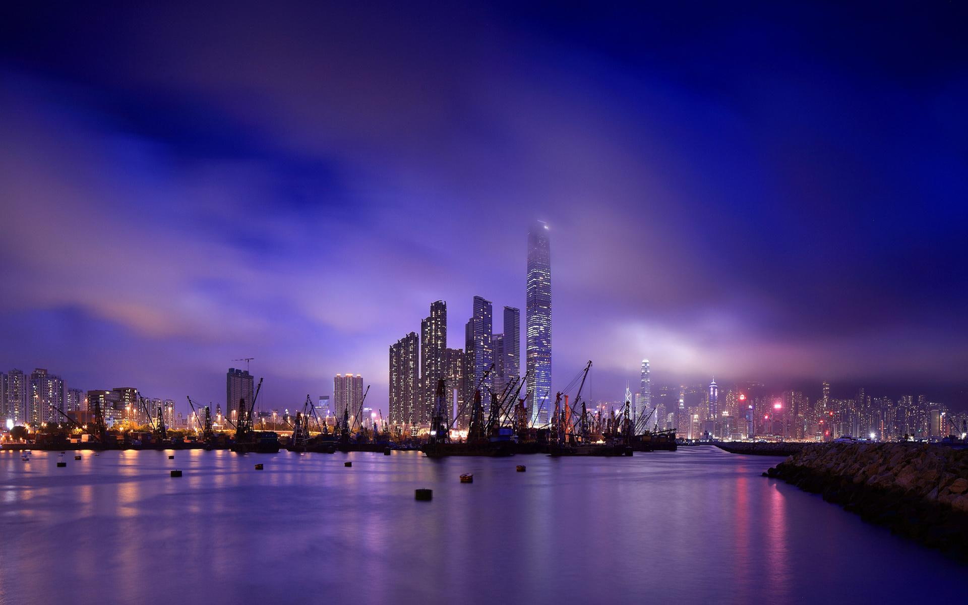 marina, city, fabulous, harbor, foggy, night, 1080P, skyscrapers, nature and landscapes, HD Wallpaper