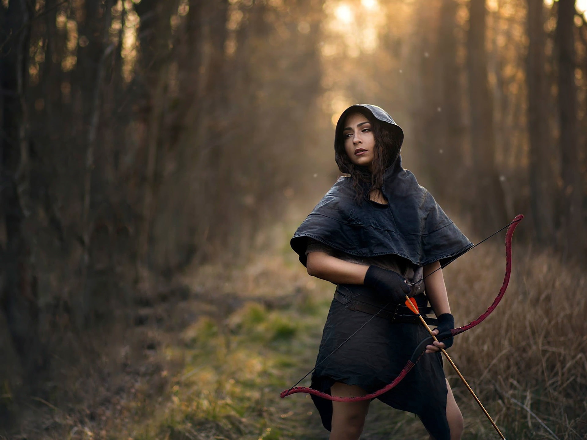 s, women, Girl, midi, Arrows, hoodie, dress, Hunter, 1080P, Bow, black, HD Wallpaper