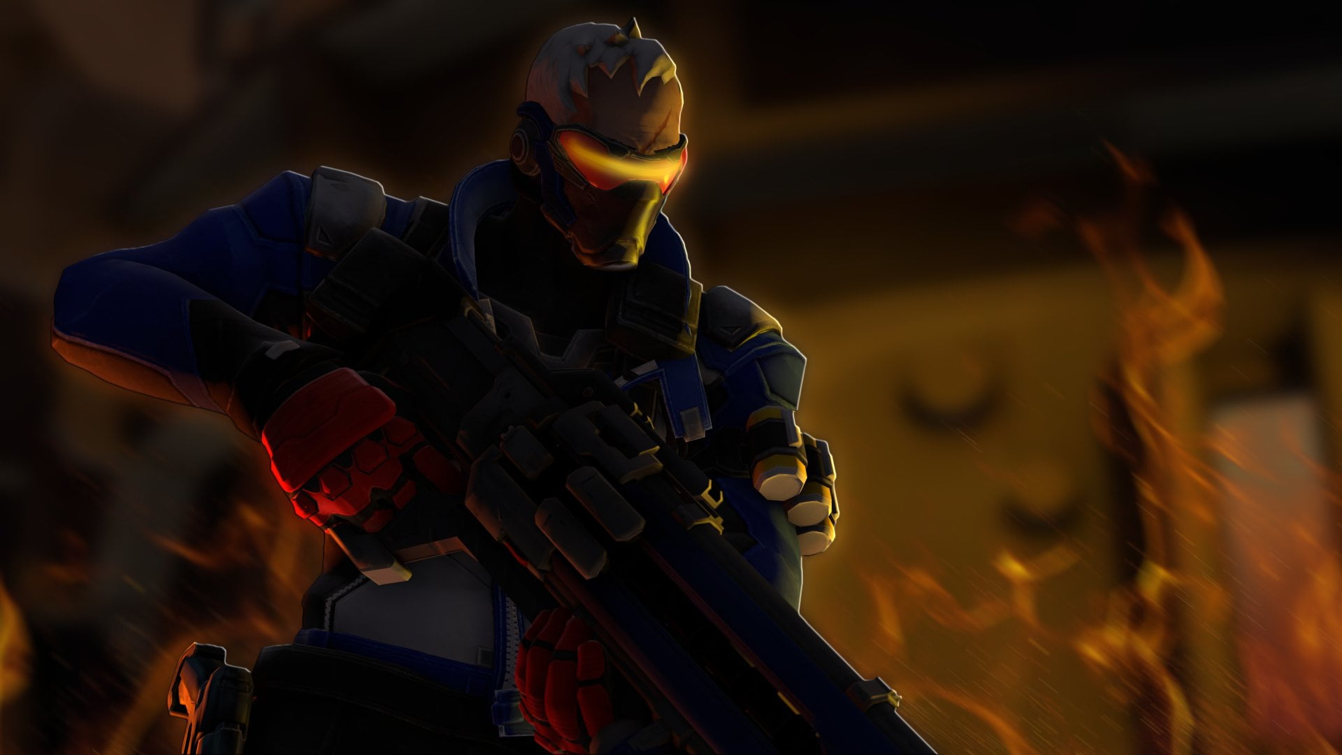 digital, protection, gray, Soldier: 76 (Overwatch), nature, aggression, Video Game, front view, wearing, waist up, night, blue, weapon, clothing, HD Wallpaper