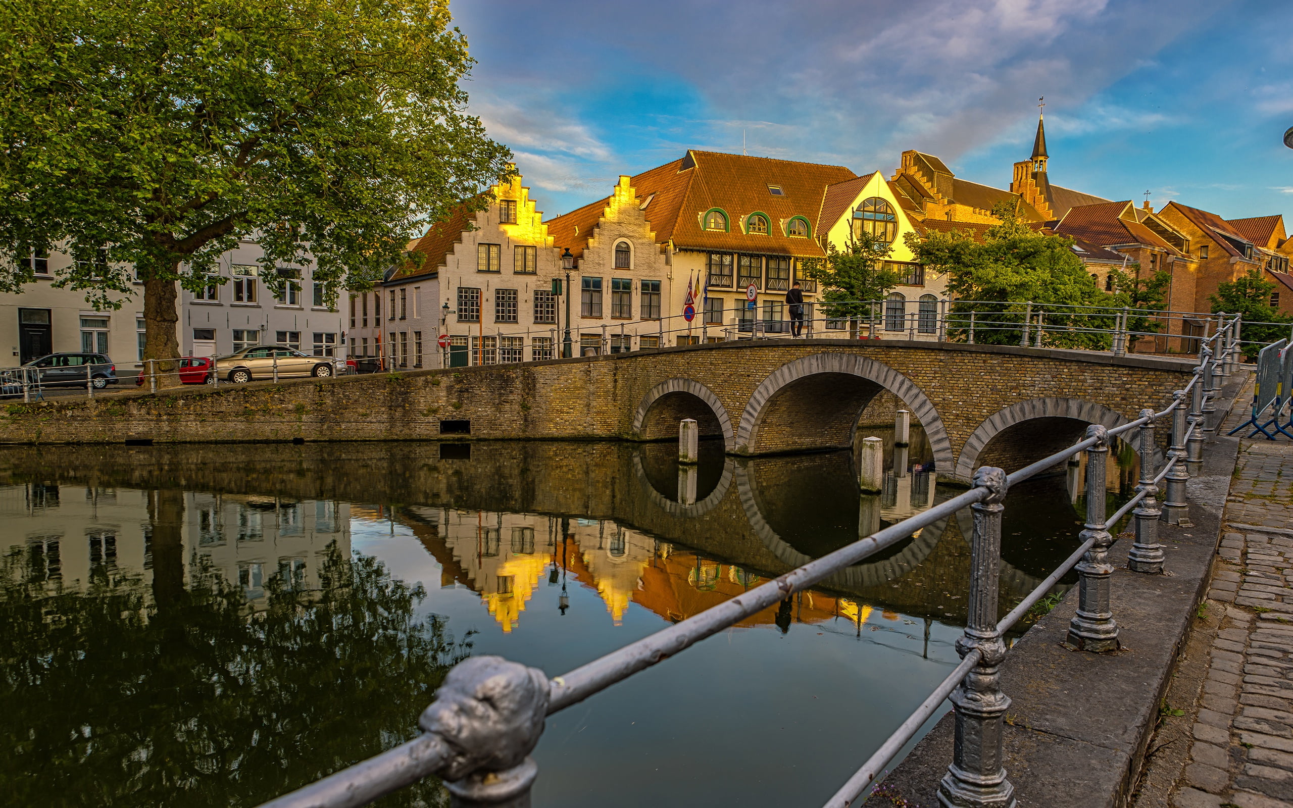 the sun, trees, Belgium, the sky, 2K, home, bridge, channel, Brugge, clouds, HD Wallpaper