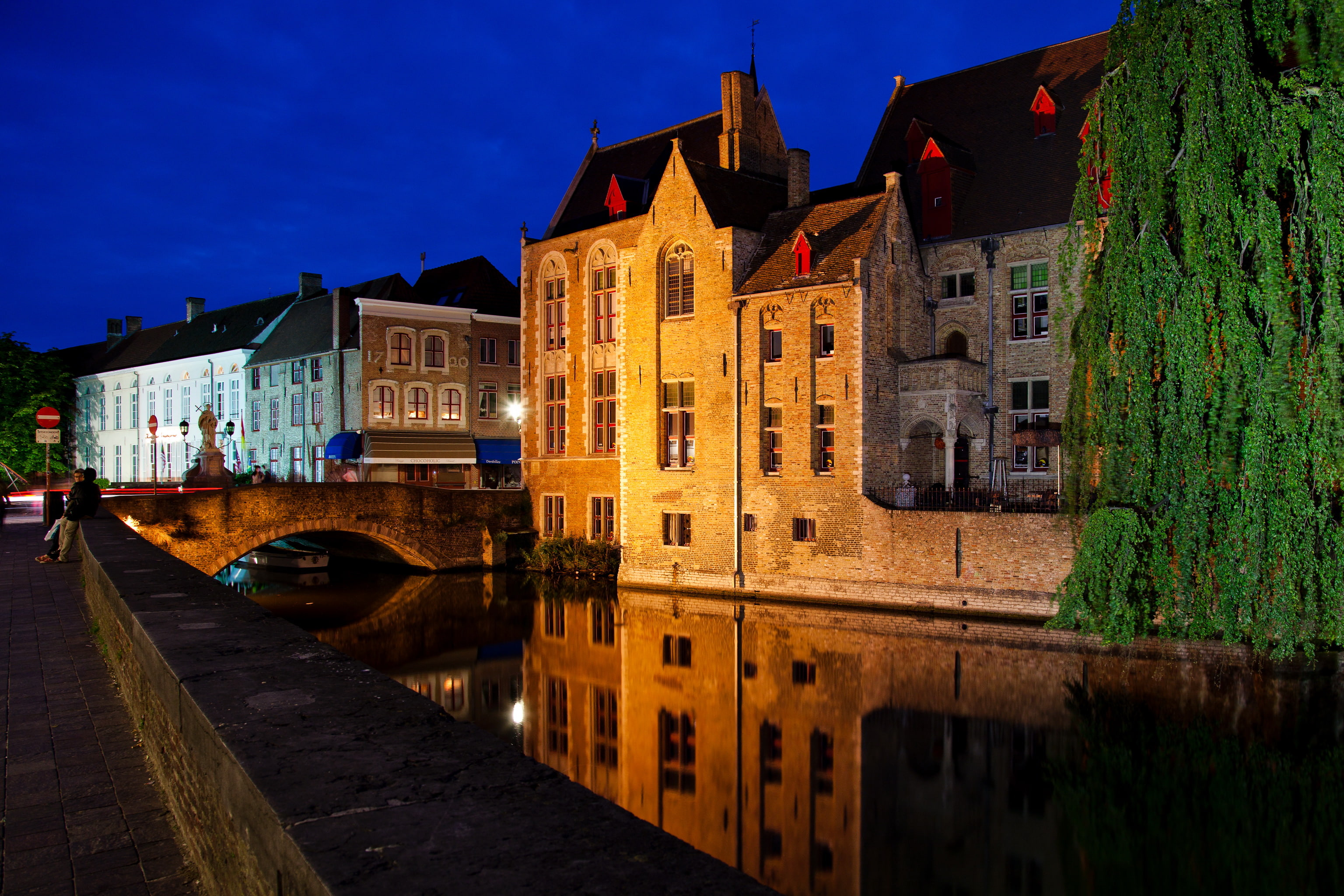 houses, night, belgium, canal, 2K, brugge, bridges, HD Wallpaper