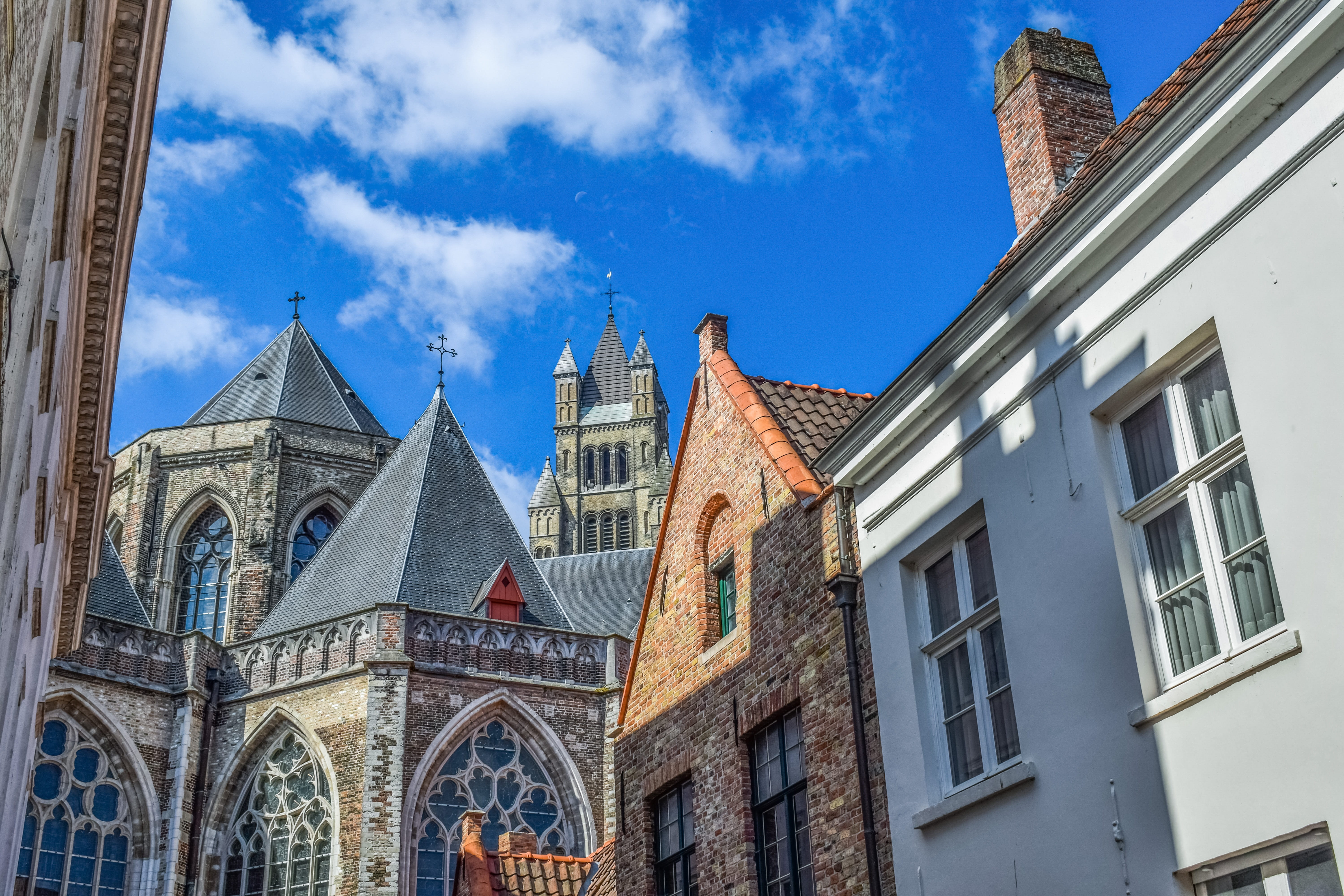 sky, cloud - sky, tourism, building, window, arch, spire, brugge, religion, built structure, day, architecture, city, no people, place of worship, historically, HD Wallpaper