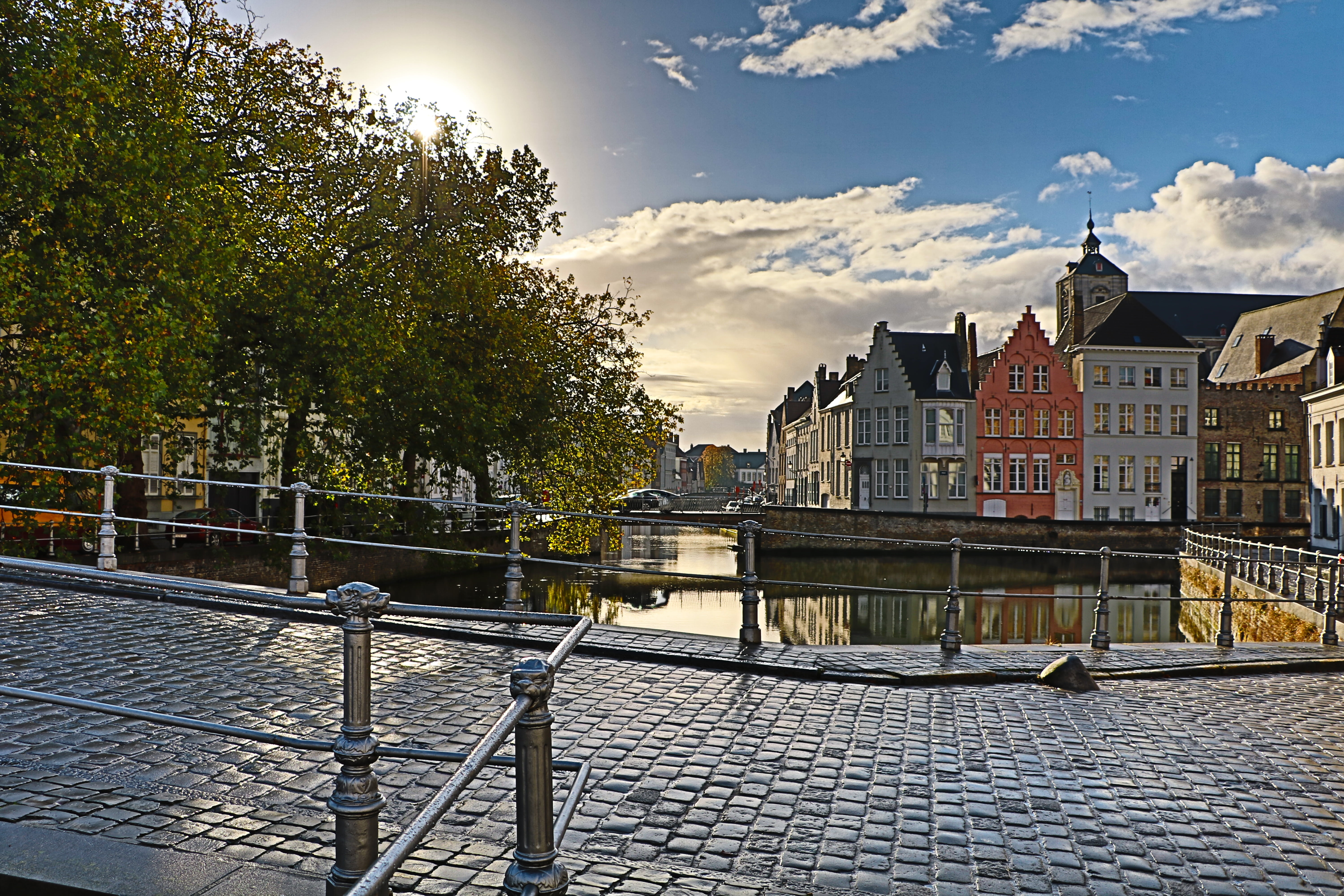 bridge, no people, sky, nature, brugge, travel destinations, railing, belgian, city, river, 5K, outdoors, belgium, travel, building, architecture, day, HD Wallpaper