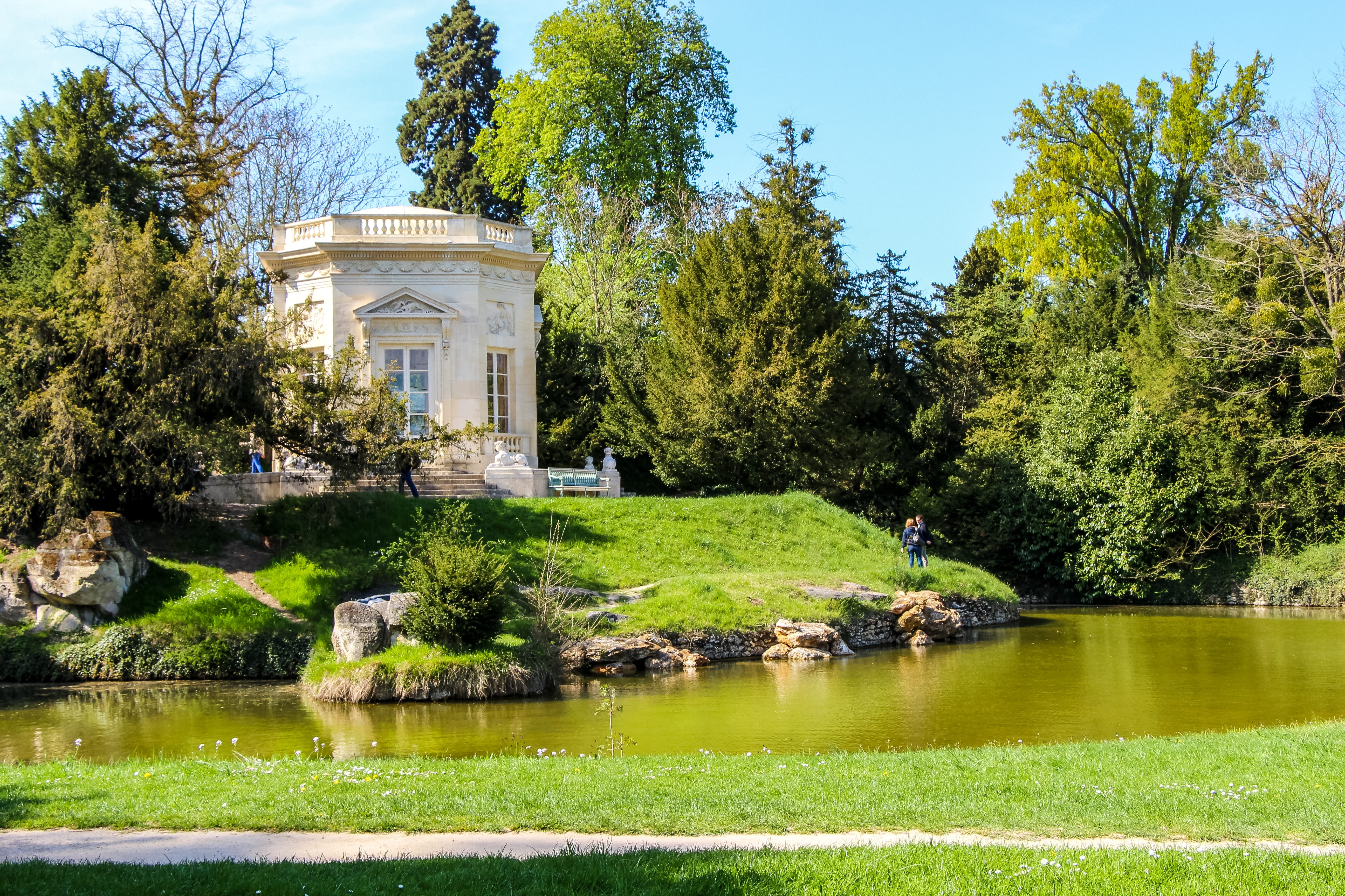 landscape, nature, travel, summer, trianon, water, beauty in nature, building exterior, sky, plant, day, tranquility, house, lake, architecture, versailles, HD Wallpaper