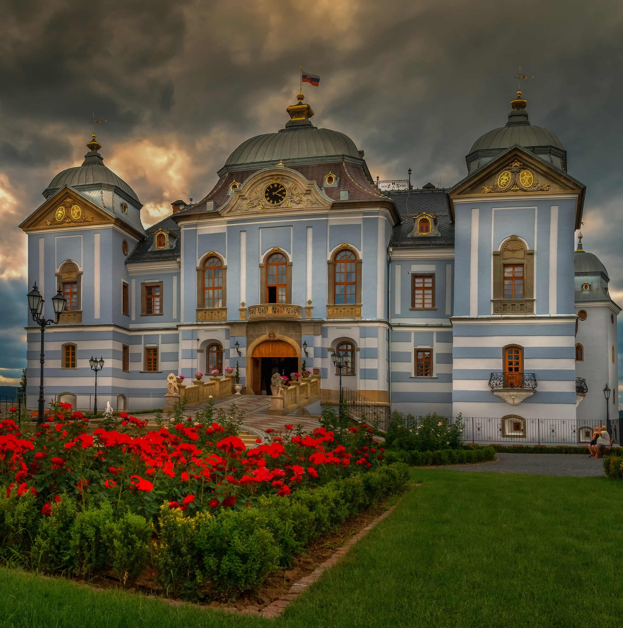 decor, halicsky zamok, building exterior, halič castle, history, spirituality, galicia, church, blue, cloud - sky, sunset, near, belief, built structure, Phone HD Wallpaper