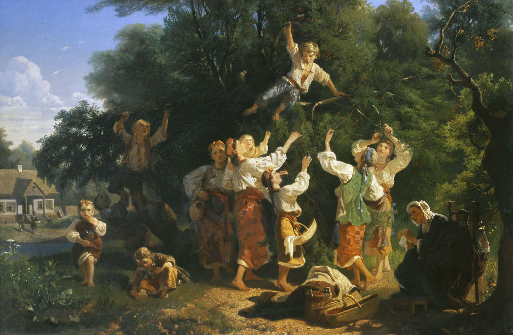 grandma, house, Picking cherries in the manor garden, Ivan SOKOLOV, 1080P, children, girls, oil, Canvas, 1858, HD Wallpaper