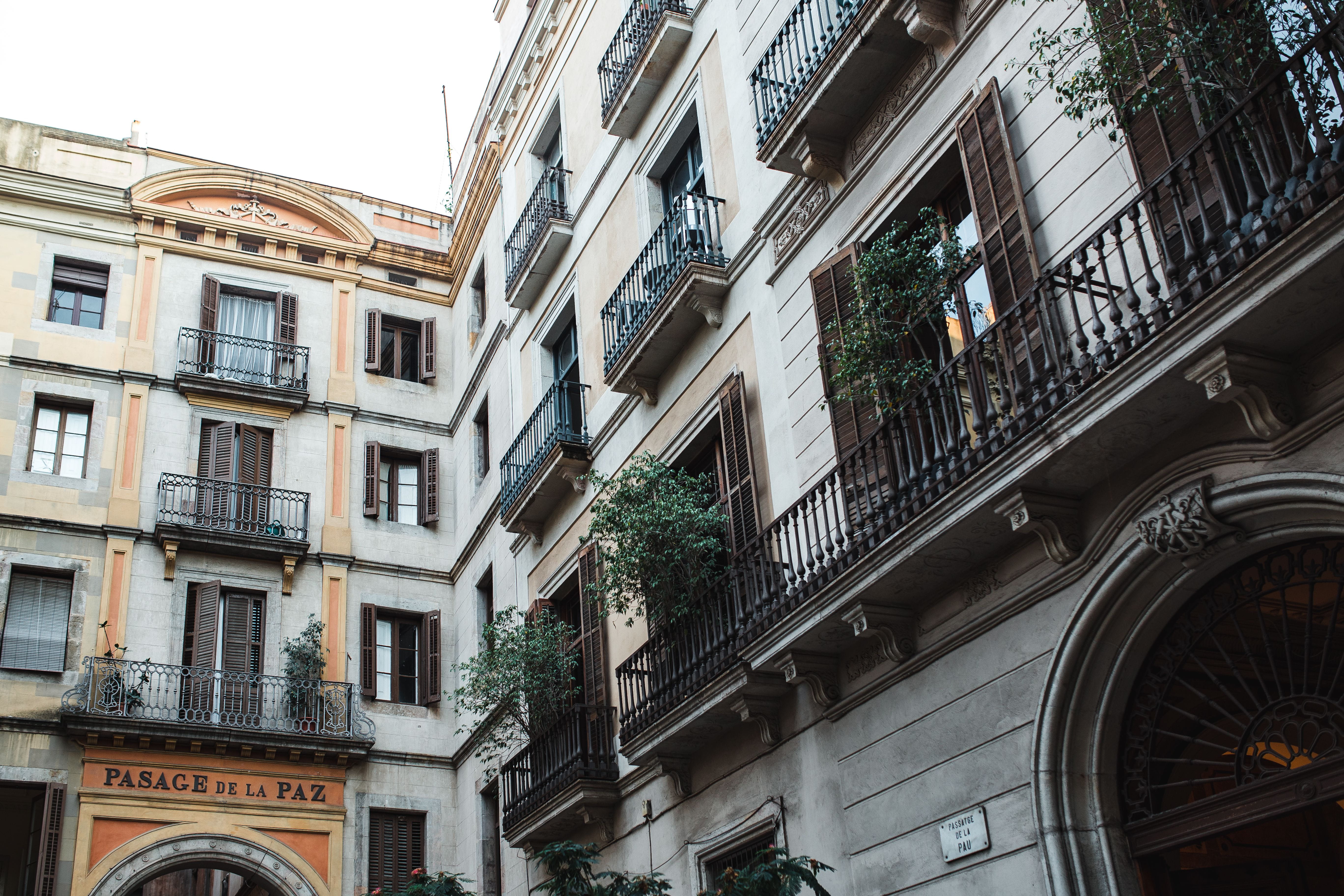 sky, architecture, housing, town, location, low angle view, barcelona, house, ornate, window, day, city life, windows, no people, building, arch, apartment, HD Wallpaper