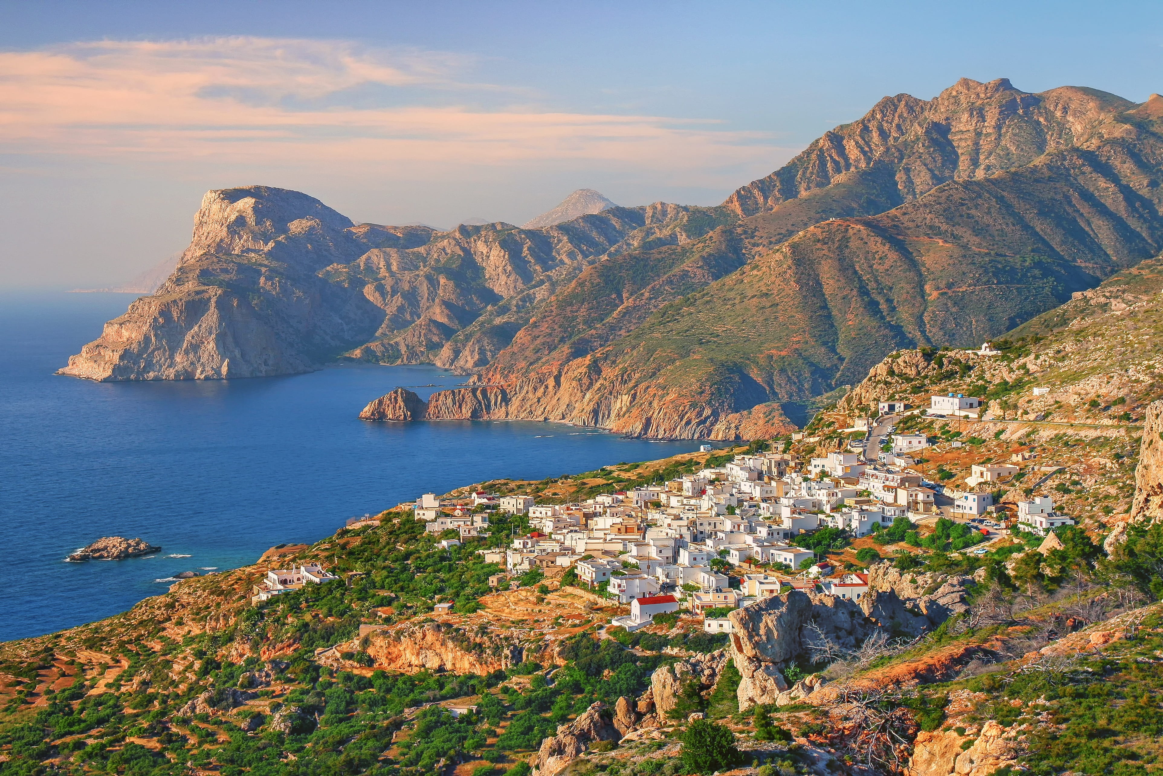 beauty in nature, mountain range, formation, nature, day, tranquil scene, building, picturesque, warm, karpathos, no people, place, tranquility, scenics - nature, HD Wallpaper