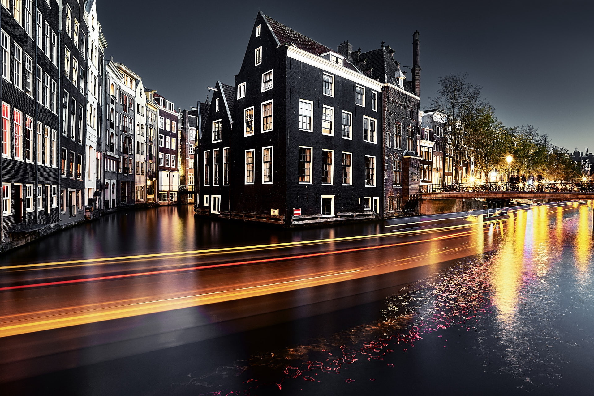 cityscape, building, river, blurred motion, residential district, city, water, architecture, outdoors, waterfront, sky, nature, long exposure, 1080P, Amsterdam, HD Wallpaper