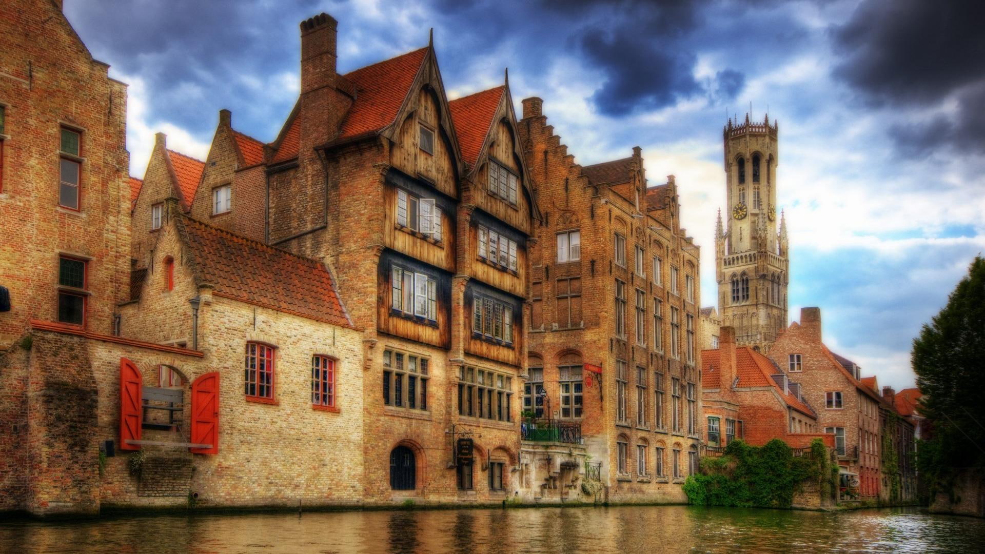 bruges, city, 1080P, canal, nature and landscapes, belgium, hdr, clouds, church, HD Wallpaper