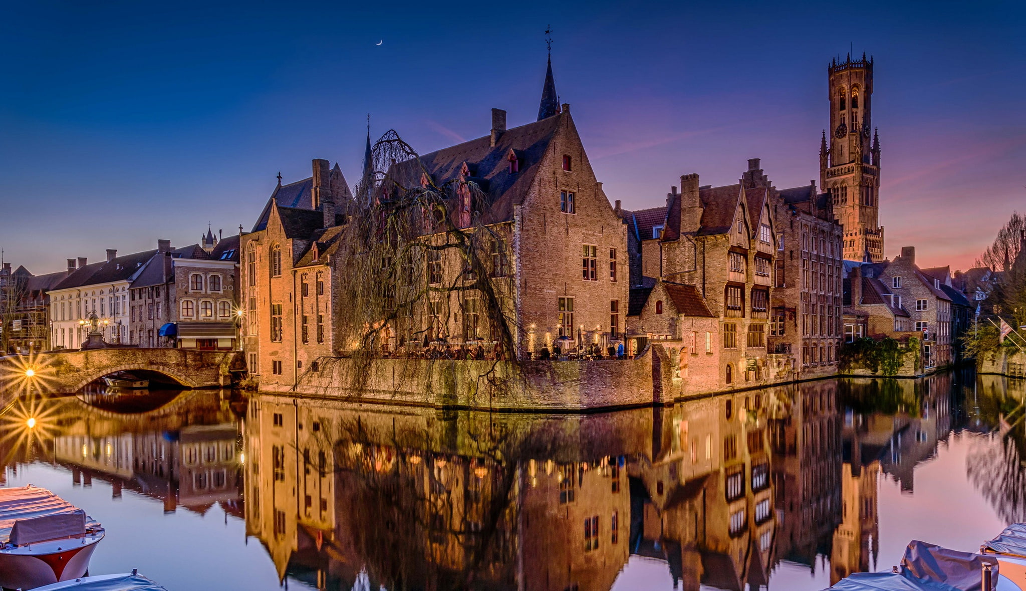 reflection, channel, home, night, Bruges, bridge, Belgium, lights, 1080P, HD Wallpaper