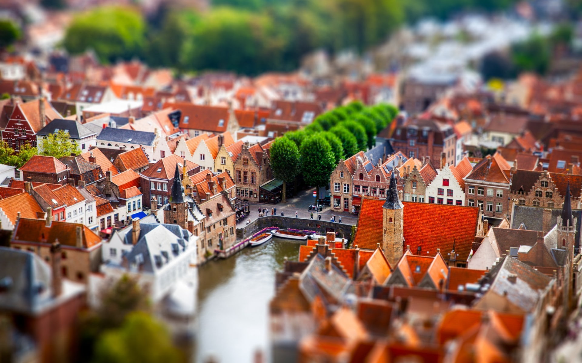 shift, tilt, city, cityscape, 1080P, building, tilt shift, river, bruges, trees, HD Wallpaper