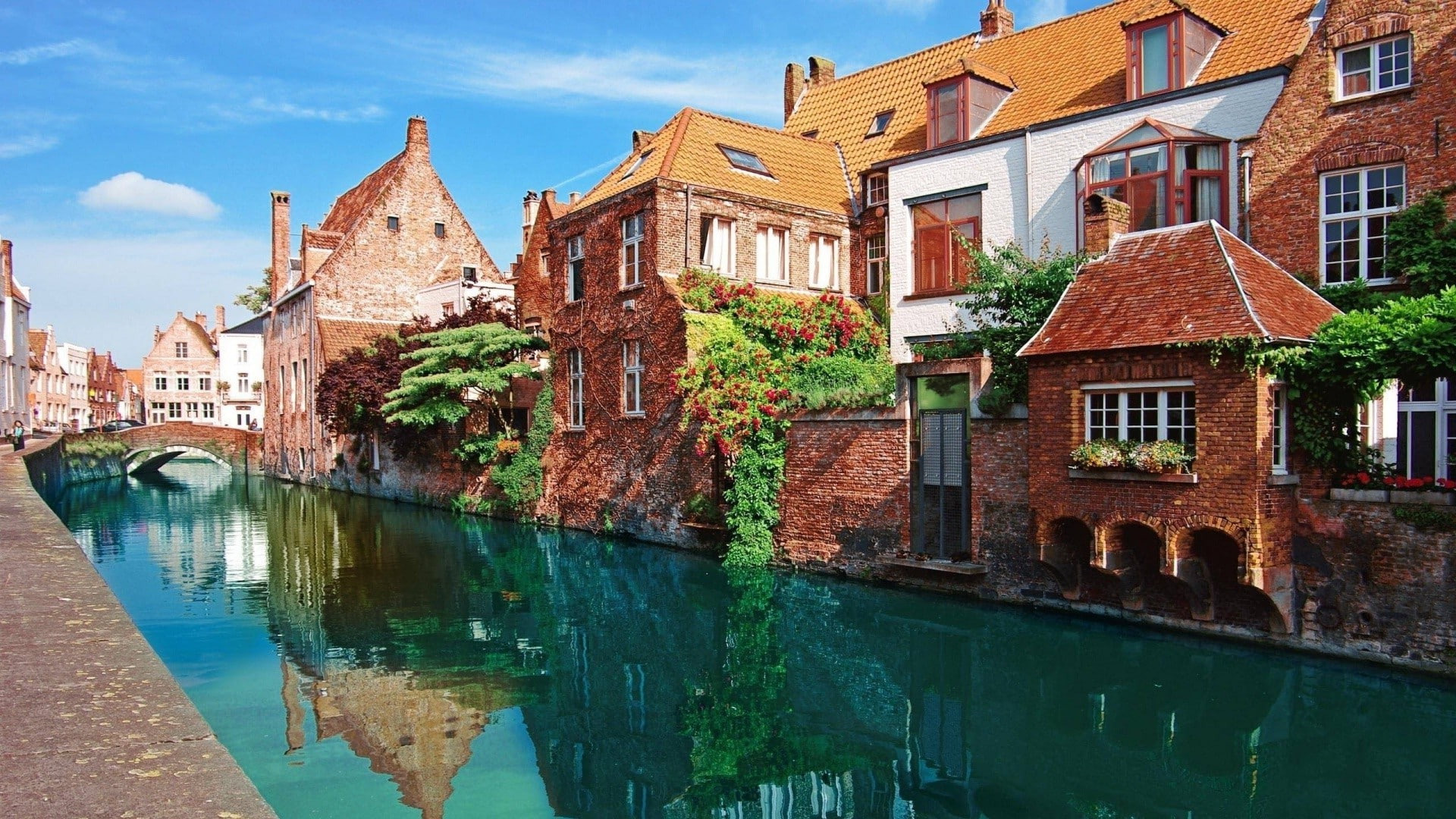 city, outdoors, canal, bridge - man made structure, bruges city river belgium building, arch bridge, reflection, bridge, 1080P, nature, history, building, HD Wallpaper