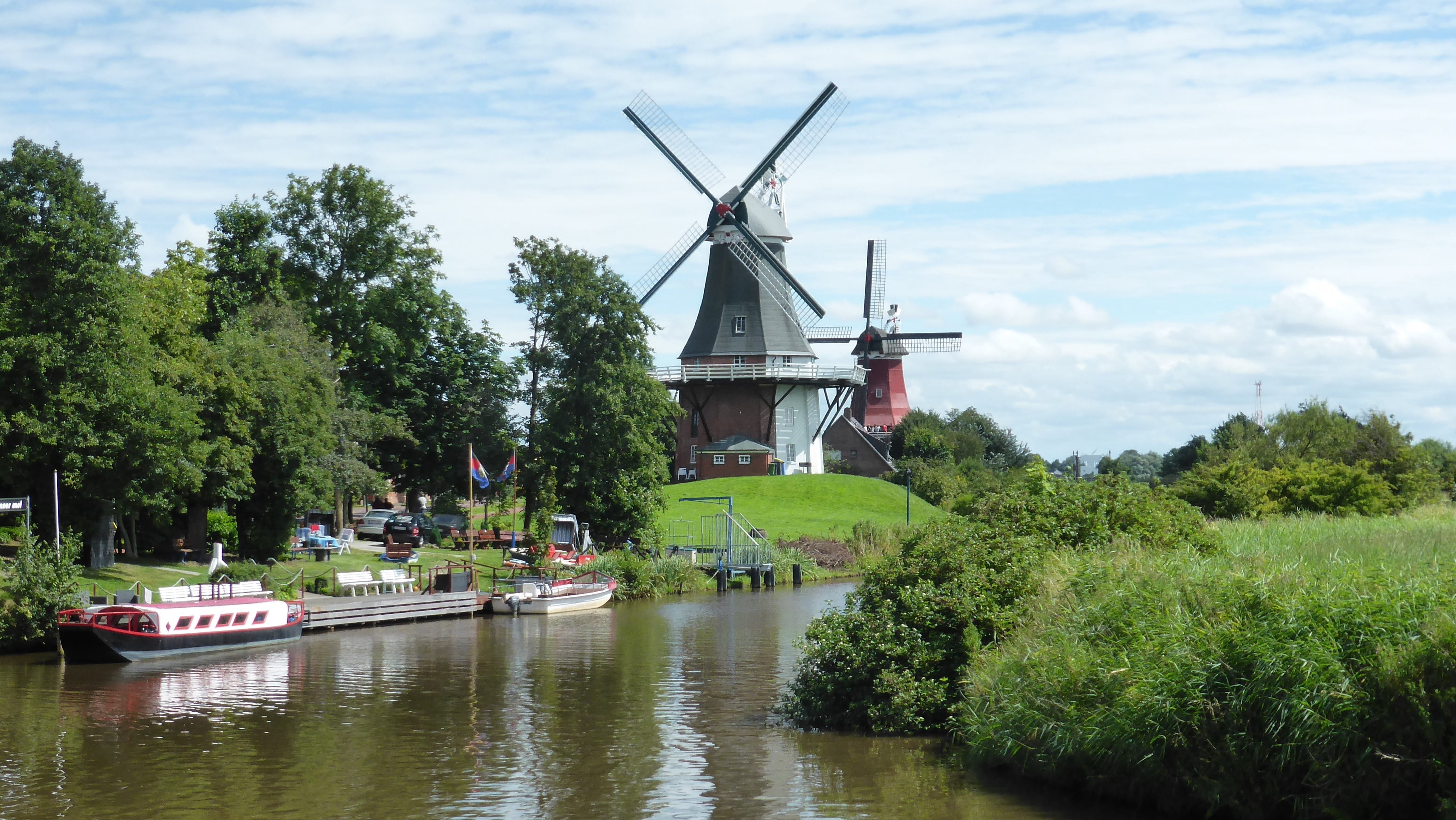 wind power, growth, tree, environment, fuel and power generation, old, wind turbine, sky, plant, kinderdijk, landscape, day, 4K, river, water, netherlands, HD Wallpaper