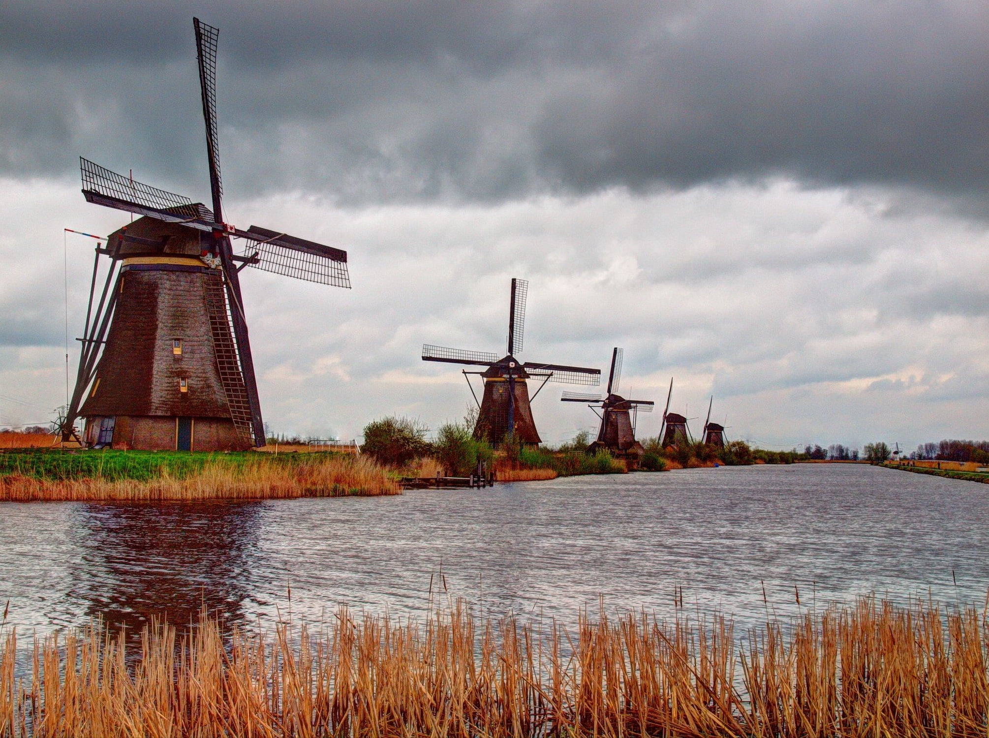 traditional Windmill, fuel and power generation, farm, renewable energy, kinderdijk, brown, outdoors, history, turbine, field, old, no people, wood - Material, HD Wallpaper