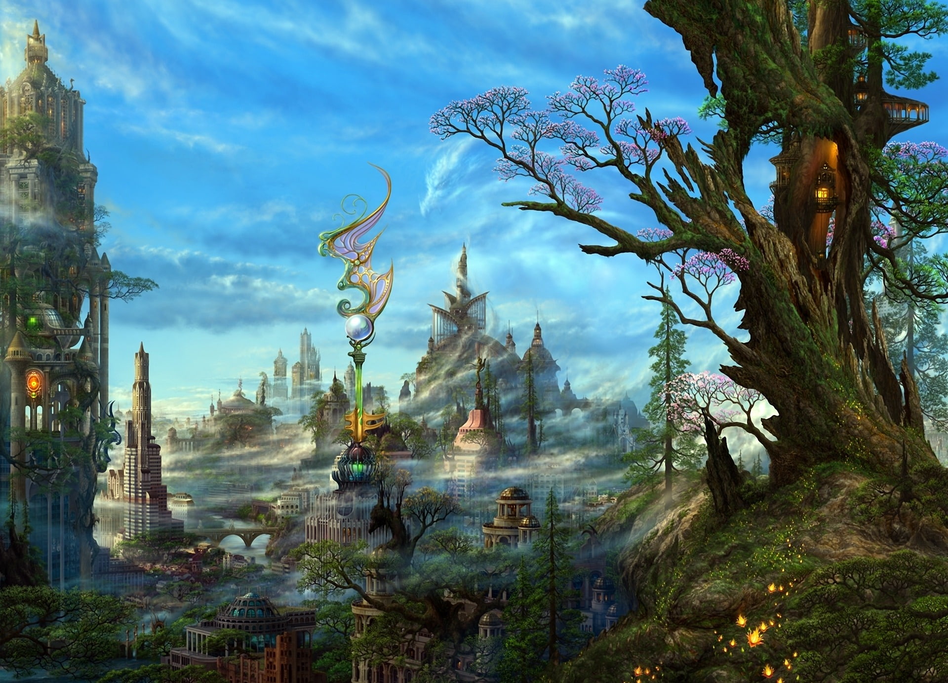 Uchio, Trees, architecture, fantasy, haze, art, anime, cities, mist, Kazamasa, detail, landscapes, Dragons, Steampunk, 1080P, colors, paintings, fog, Airbrushing, HD Wallpaper