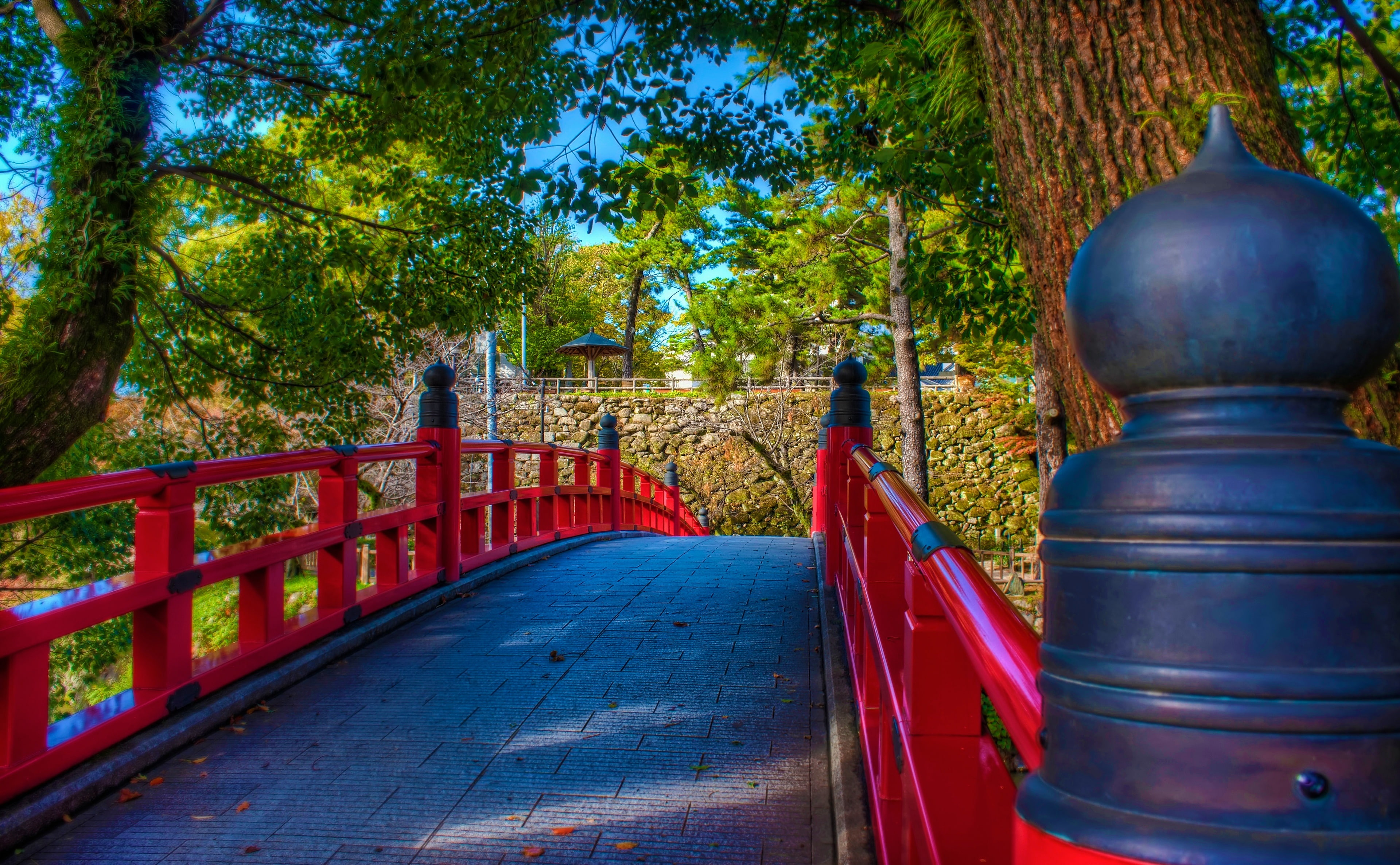 Landscape, railing, metal, trunk, Photomatix Pro, Aperture, 4K, Honshu, day, change, Japan, architecture, Okazaki Castle, nature, Photoshop, no people, HD Wallpaper