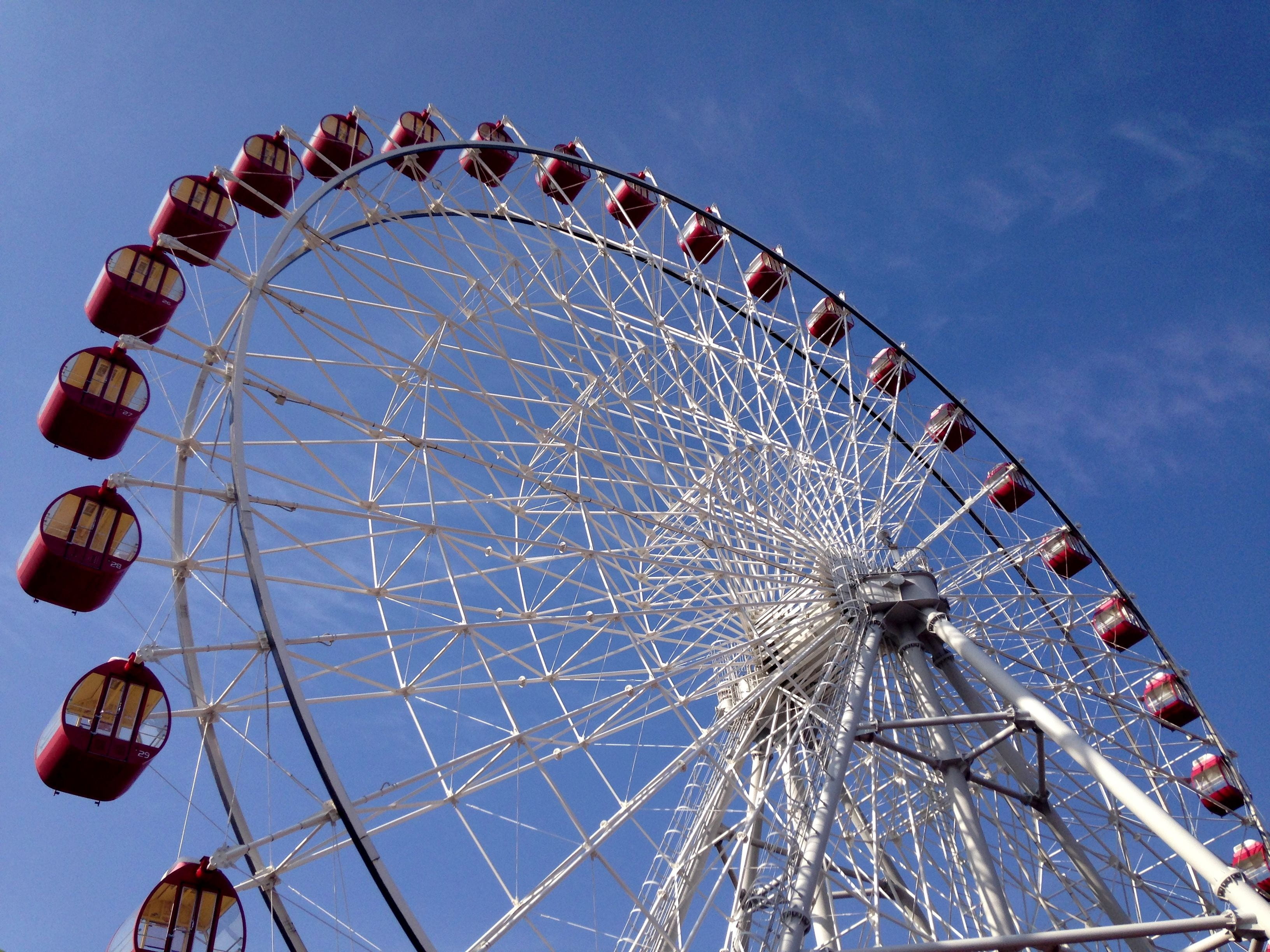 shape, clear sky, architecture, large, amusement park ride, ferris wheel, monkey park, nature, carnival - celebration event, 2K, aichi prefecture, inuyama-shi, HD Wallpaper