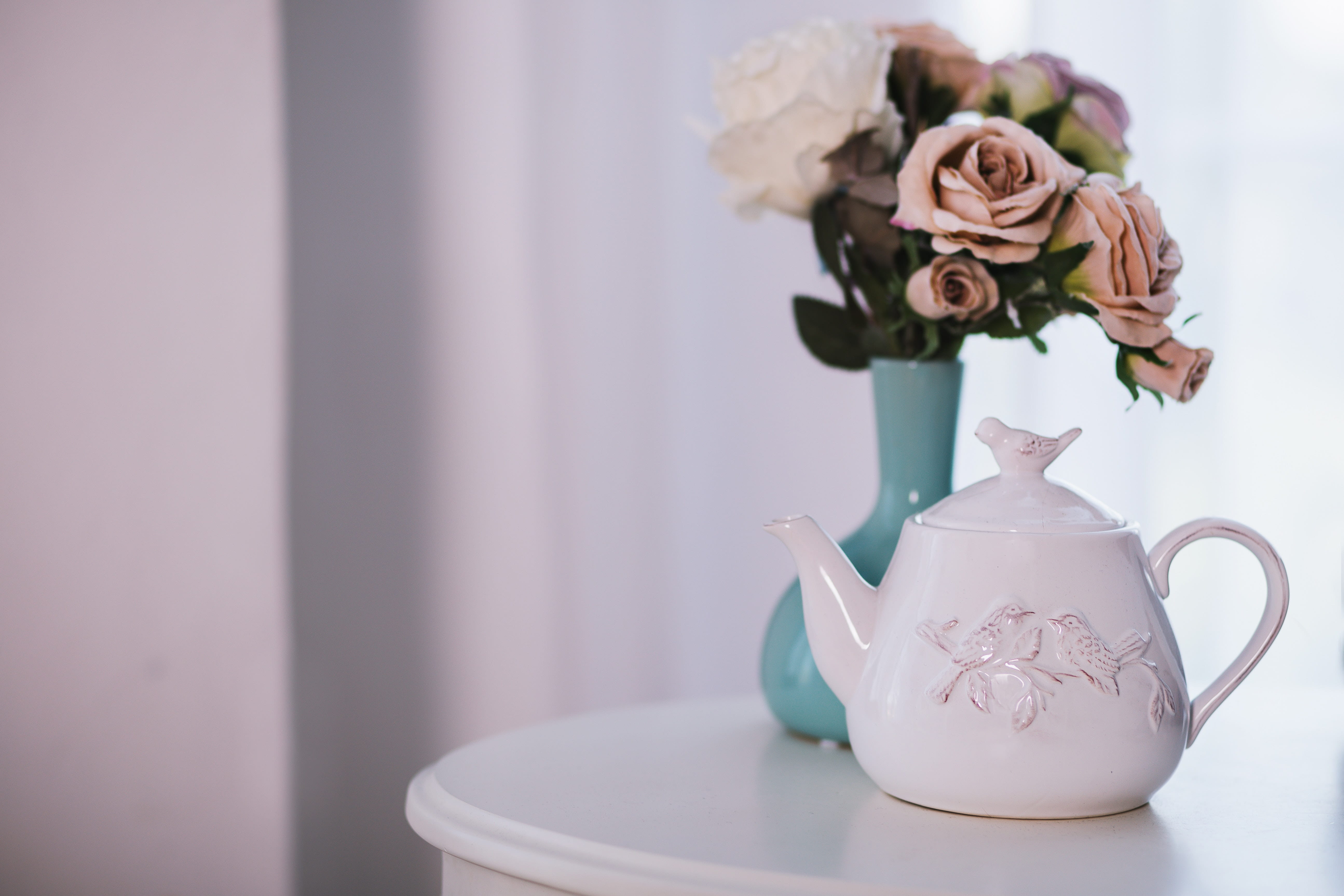 tea, beauty in nature, table, flower, plant, flowering plant, flower head, tea cup, drink, bunch of flowers, white, indoors, vase, food, cup, 5K, decoration, HD Wallpaper