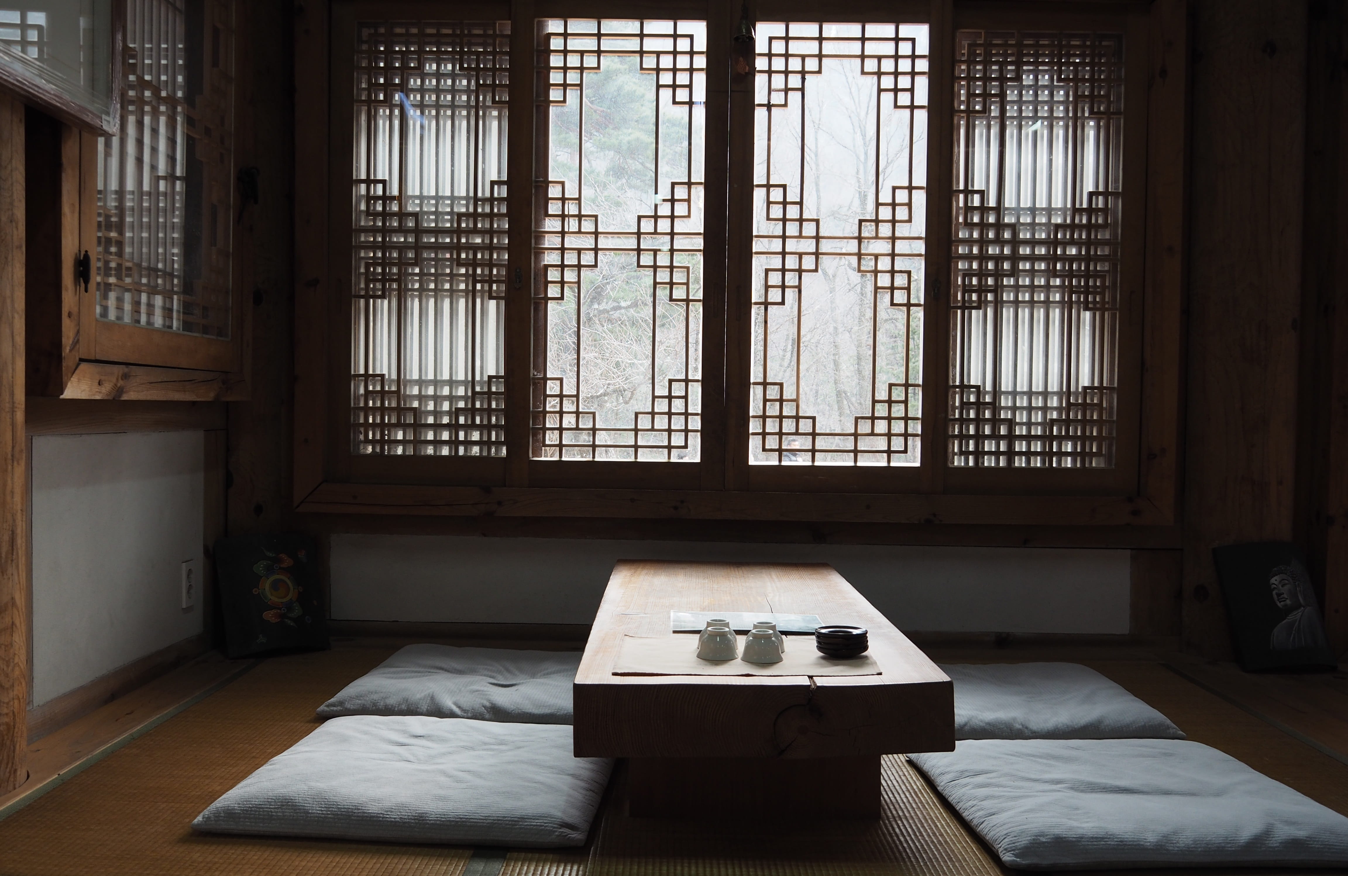 day, home, dining, sunlight, pillow, hanok, bed, dining table, table, brown, traditional, absence, domestic room, 4K, wooden, prison, design, bedroom, HD Wallpaper