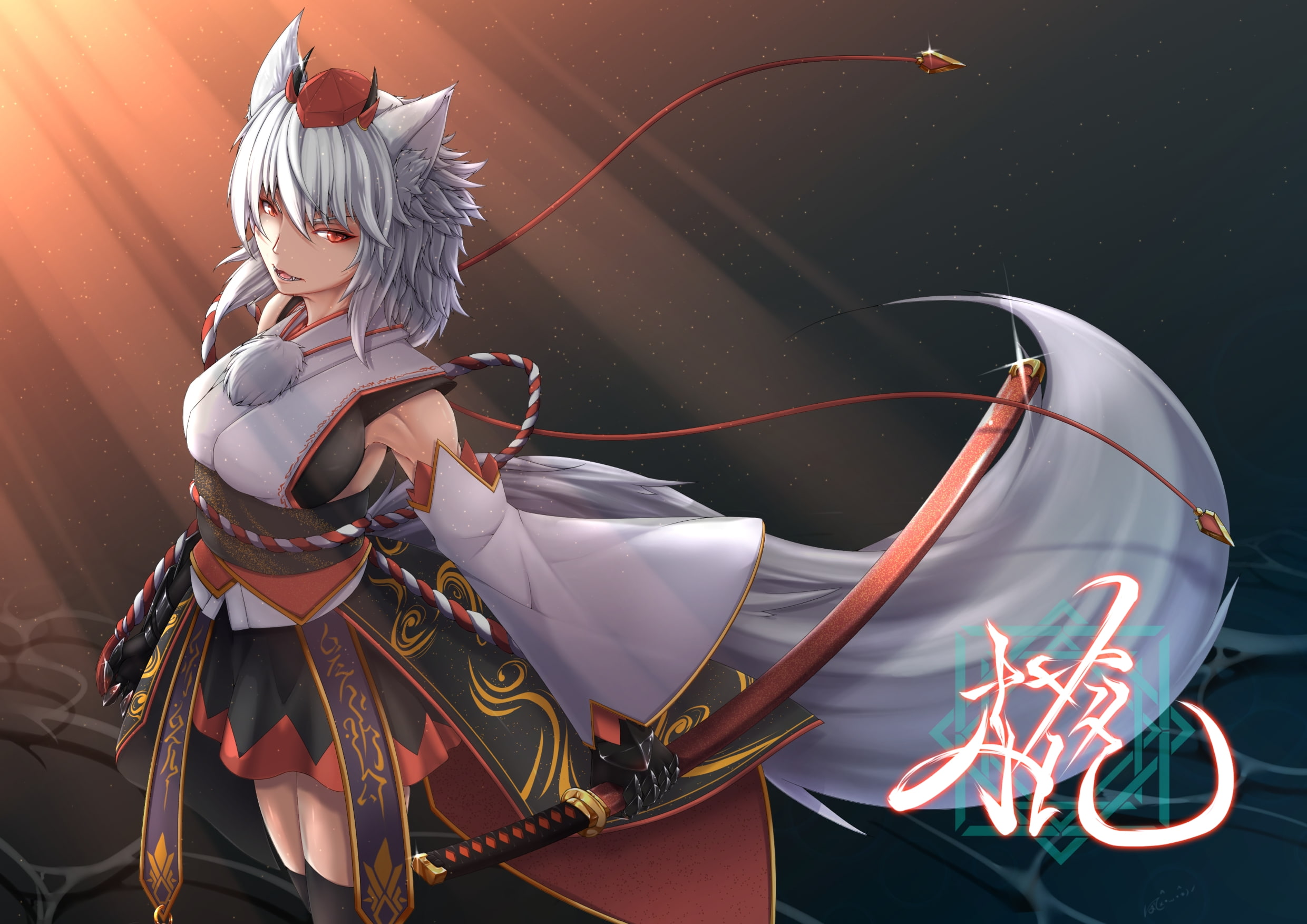 women, traditional clothes, animal ears, night, illuminated, art and craft, amusement park, inubashiri momiji, carousel, real people, katana, creativity, HD Wallpaper