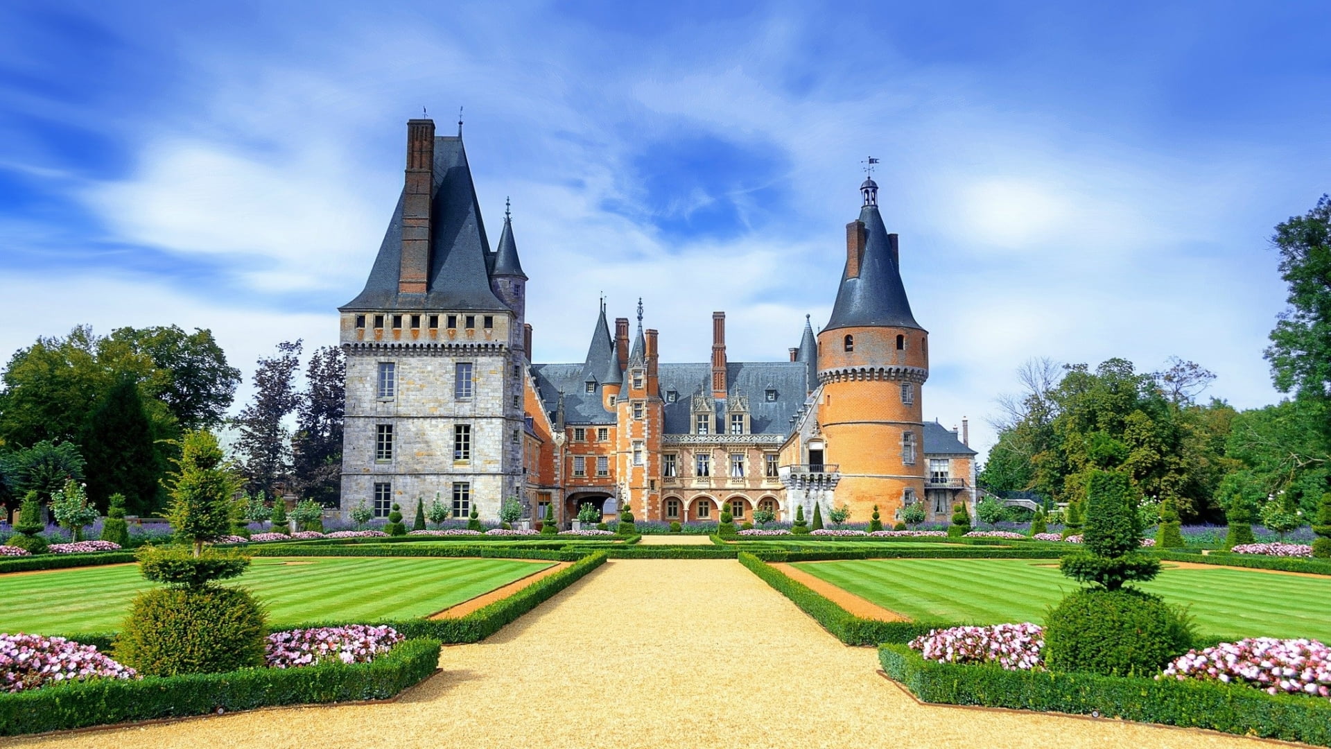 trees, park, grass, architecture, 1080P, castle, ancient, garden, France, HD Wallpaper