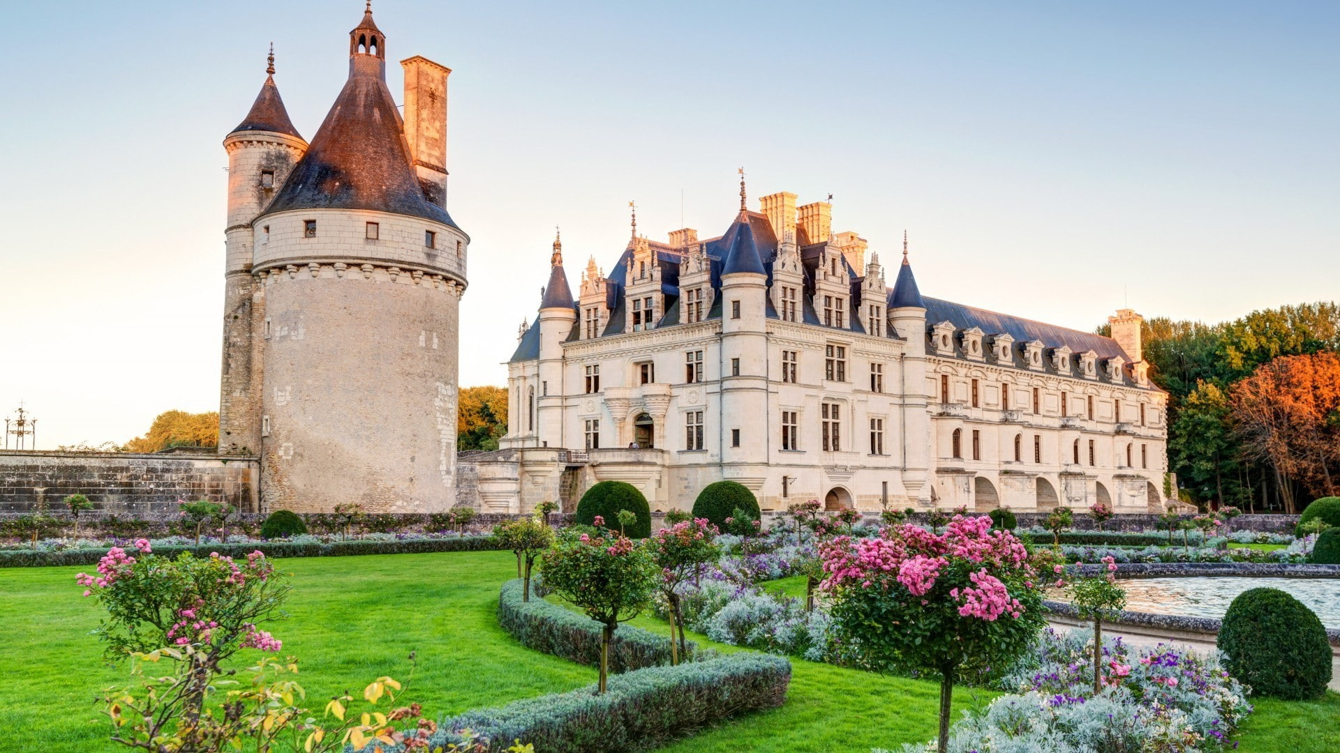 trees, garden, flowers, park, castle, tower, grass, sunlight, architecture, nature, 1080P, ancient, HD Wallpaper