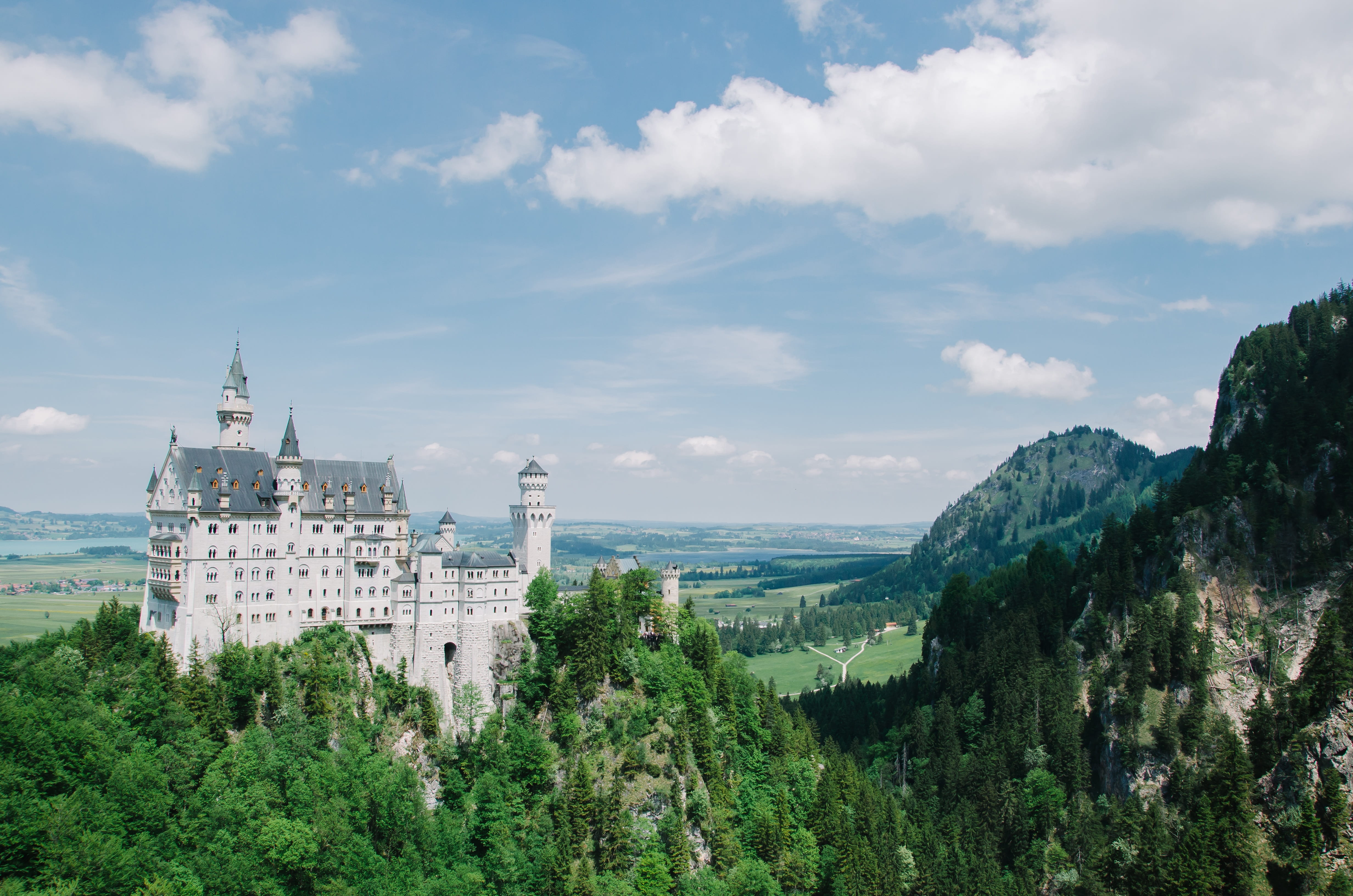 landscape, forest, landmark, green color, clouds, building, fairytale, nature, trees, beauty in nature, architecture, europe, no people, near, famous, palace, HD Wallpaper