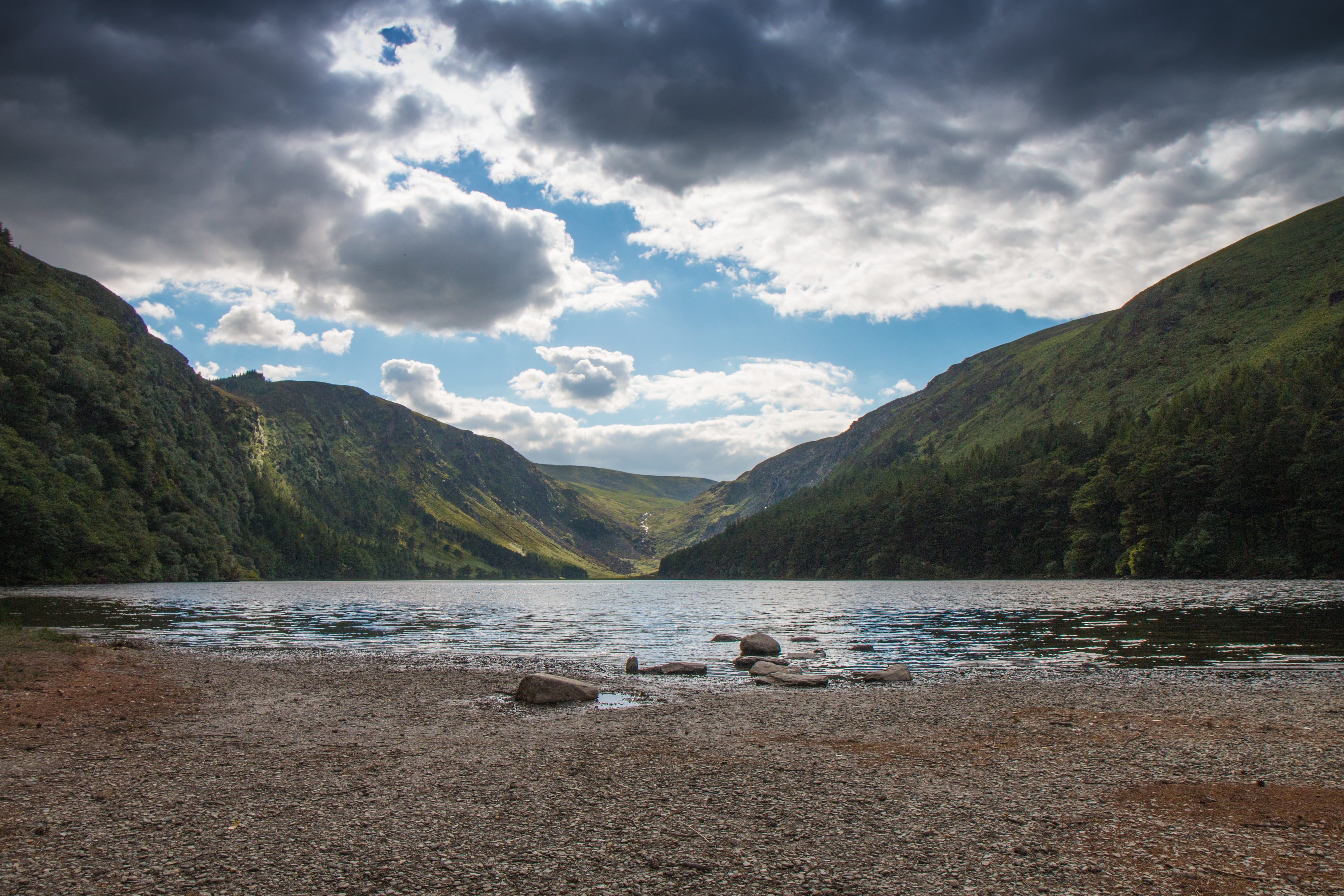 cloud - sky, tranquility, glendalough, water, nature, land, mountain, tranquil scene, ireland, mountain range, landscape, beach, non-urban scene, beauty in nature, HD Wallpaper