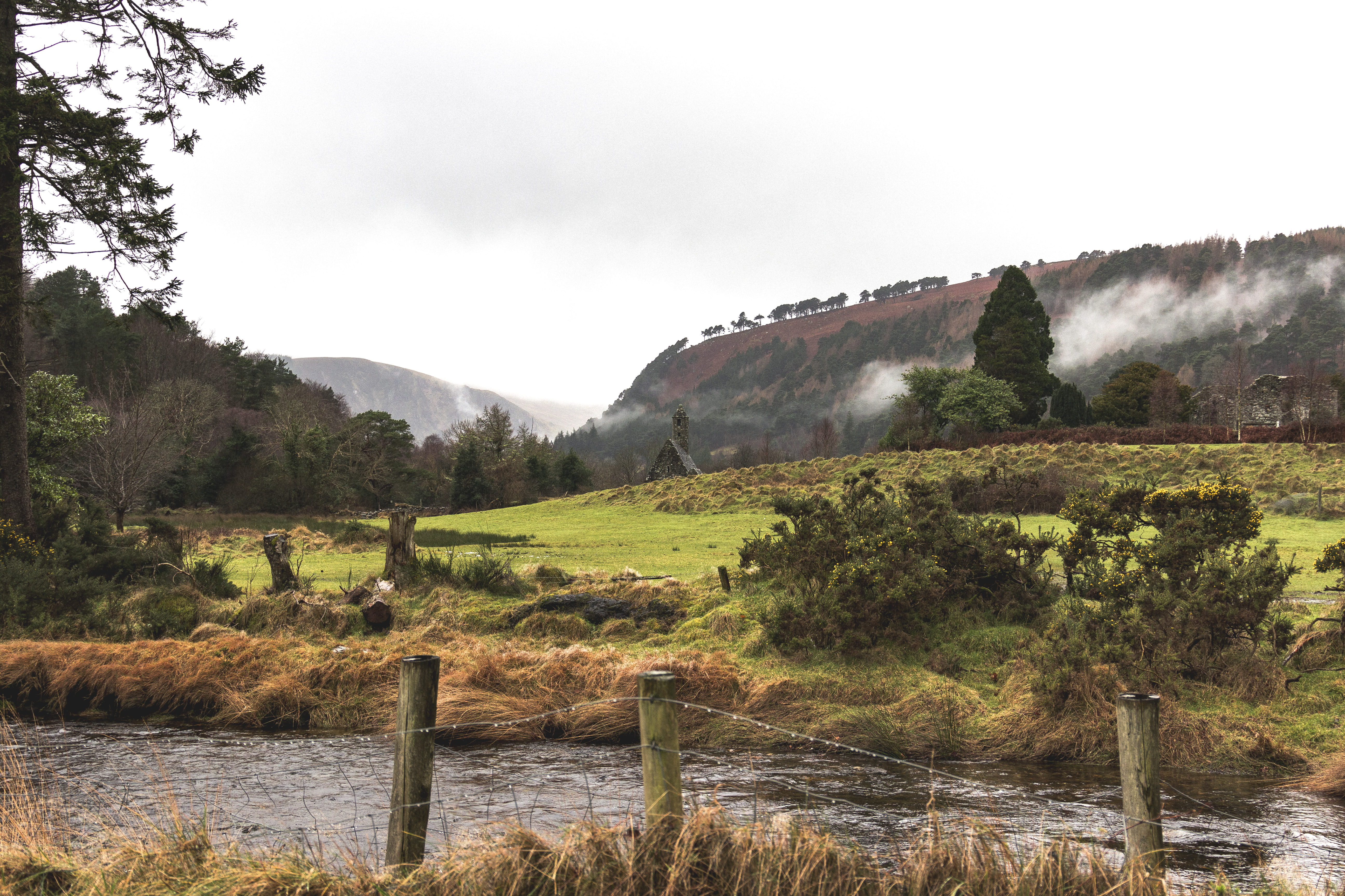 outdoors, glendalough, nature, plant, mountain, wooden post, water, environment, green color, tranquility, scenics - nature, landscape, field, tree, grass, HD Wallpaper