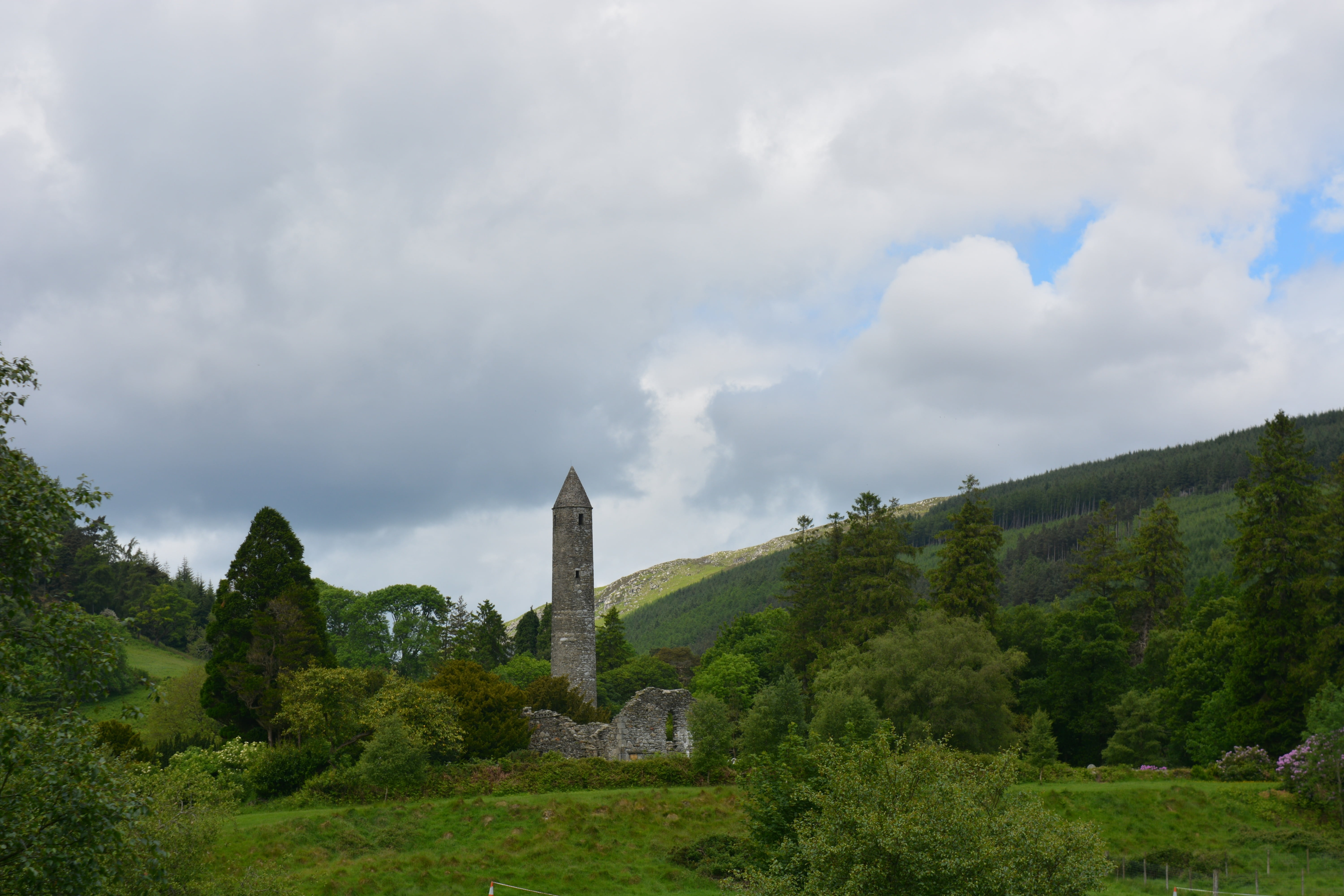 day, glendalough, tree, beauty in nature, plant, church, 5K, architecture, history, the past, growth, nature, ireland, outdoors, cloud - sky, green color, HD Wallpaper