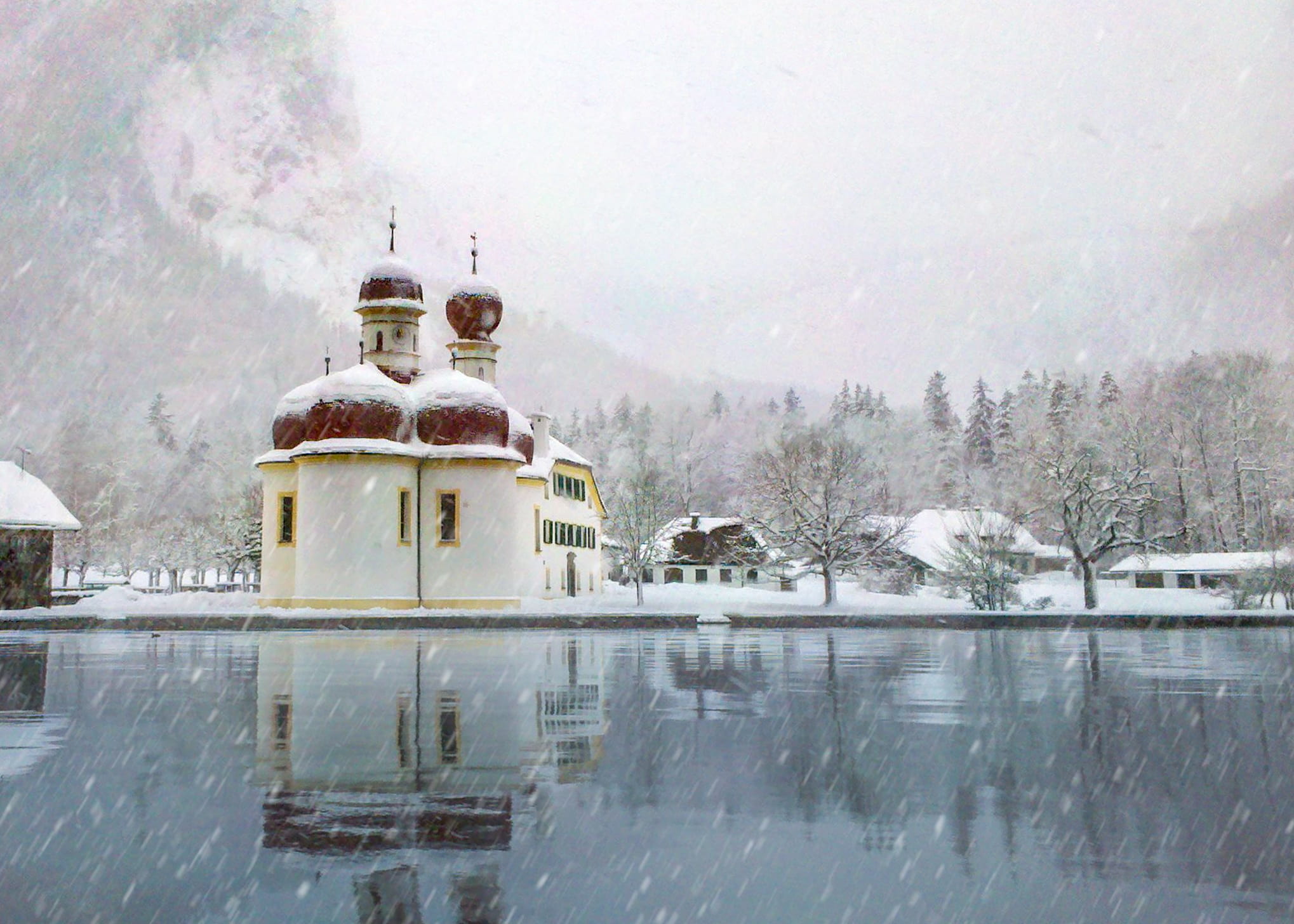 mountains, houses, alpine, nature, frozen, building, water, cold temperature, architecture, königssee, winter, berchtesgaden, snow, day, 1080P, steeple, HD Wallpaper