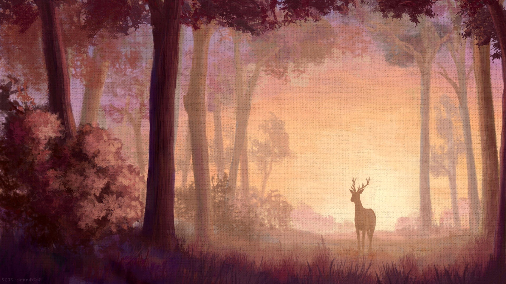 print, canvas, nature, 1080P, paint, forest, deer, HD Wallpaper