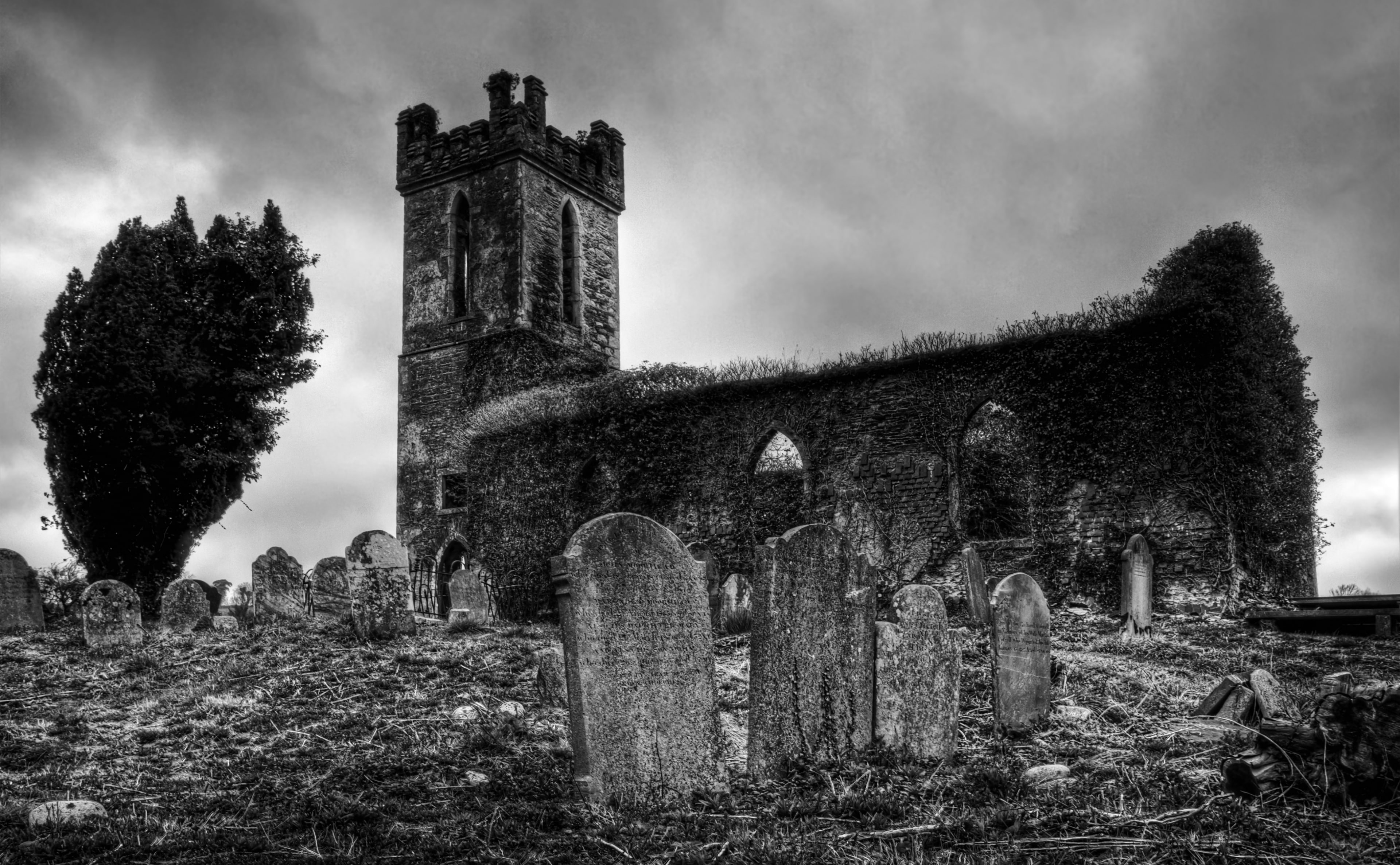 spirituality, built structure, 4K, Church, Holidays, gothic style, tombstone, Black, history, architecture, place of worship, White, Castlemacadam, old, HD Wallpaper