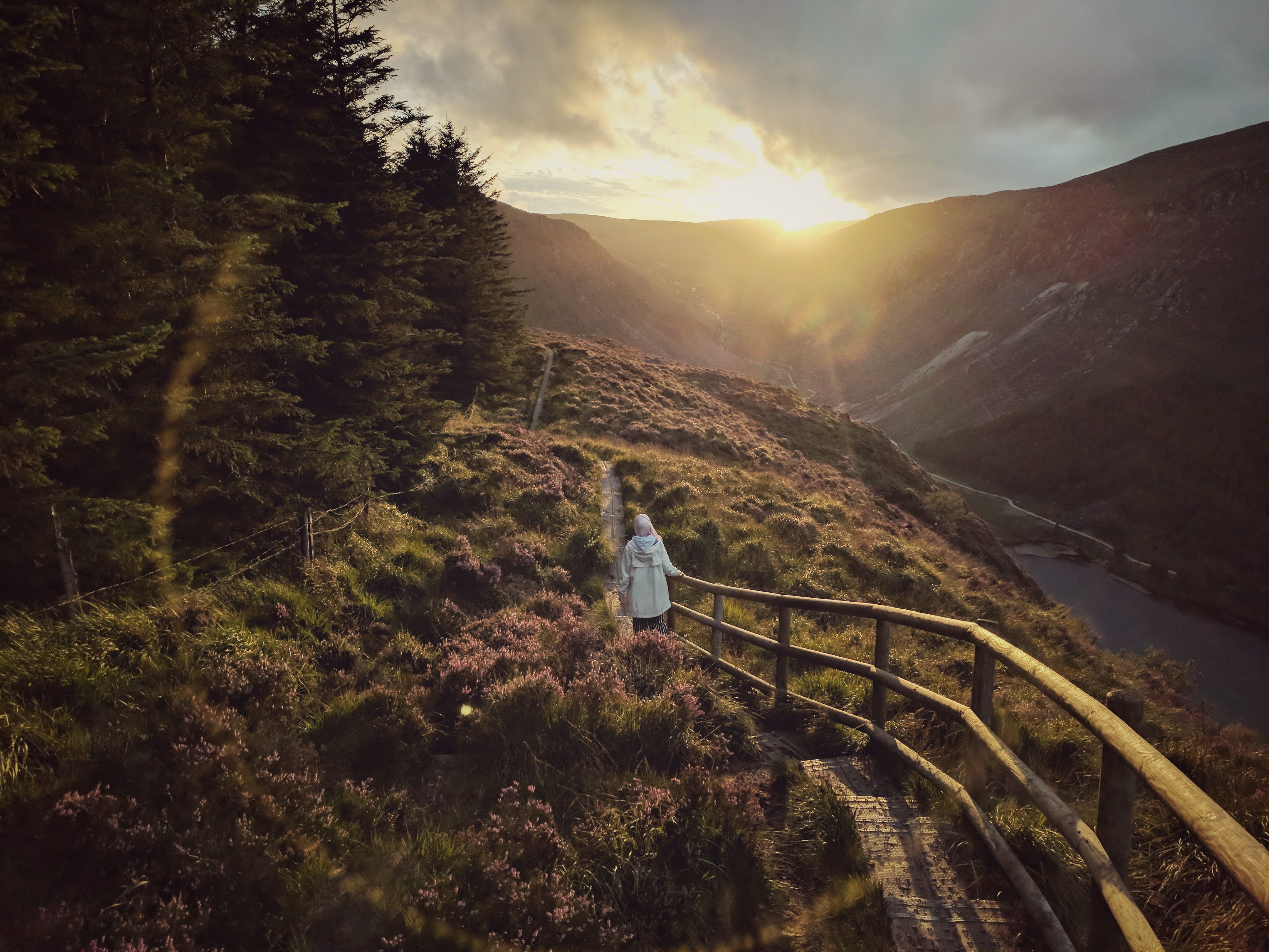 mountain, looking at view, plant, ireland, scenics - nature, one person, lens flare, tree, sunset, beauty in nature, sunlight, real people, tranquil scene, HD Wallpaper
