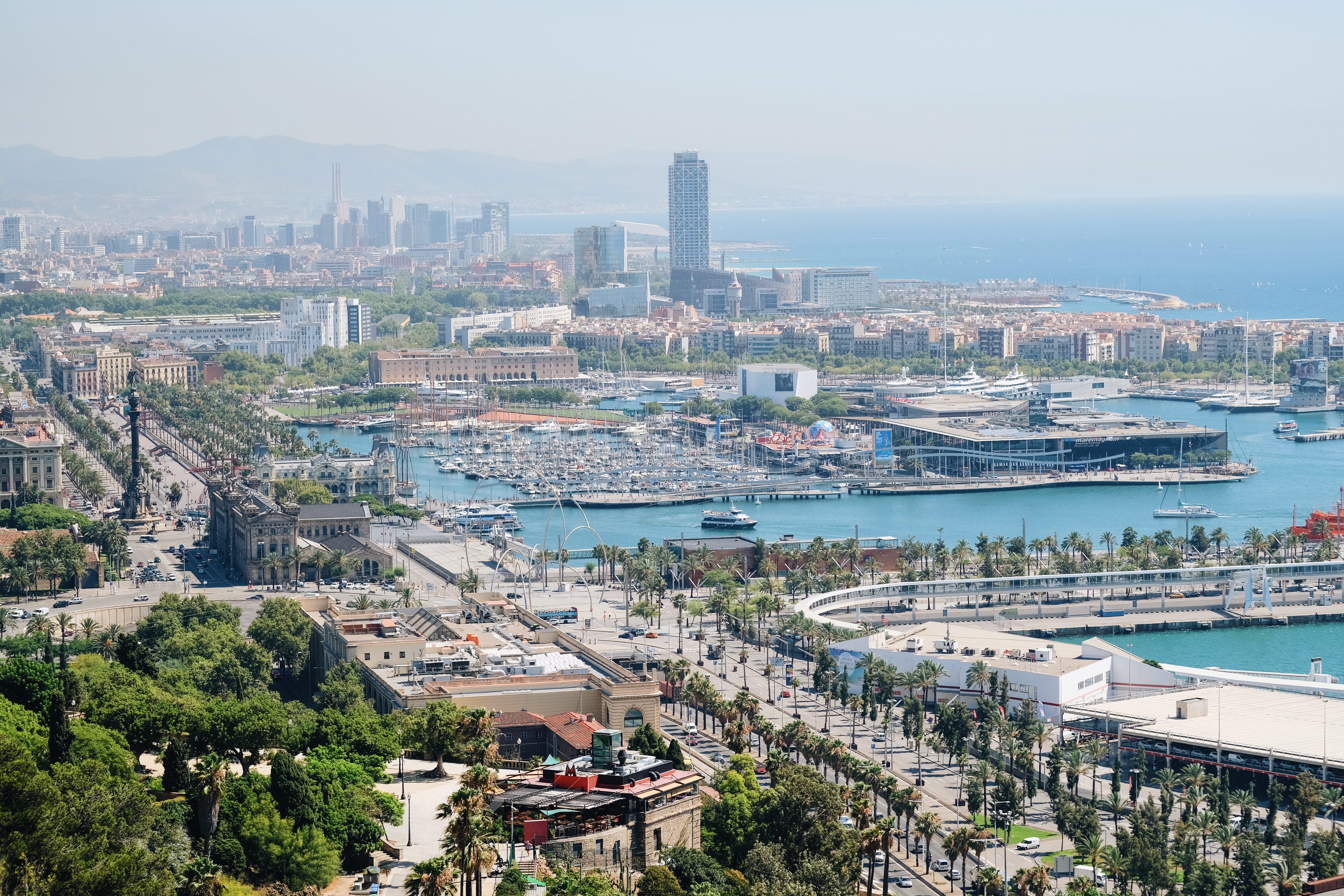 travel destinations, high angle view, cruise ship, no people, barcelona, building, nature, spain, water, mode of transportation, xpro2, architecture, skyscraper, HD Wallpaper