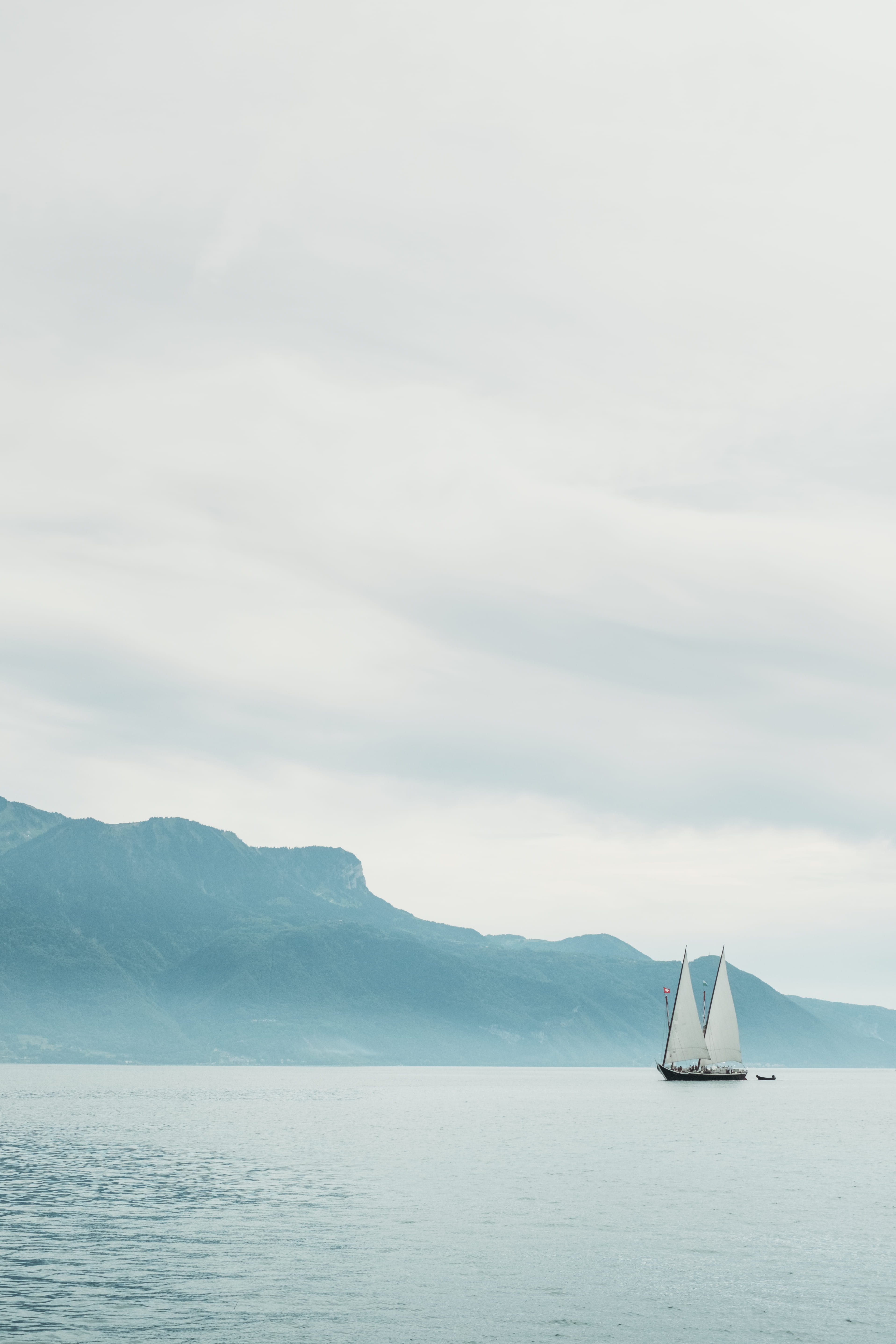 large, waterfront, beauty in nature, mountain range, non-urban scene, no people, idyllic, geneva, outdoors, xpro2, mode of transportation, water, sailing, Phone HD Wallpaper