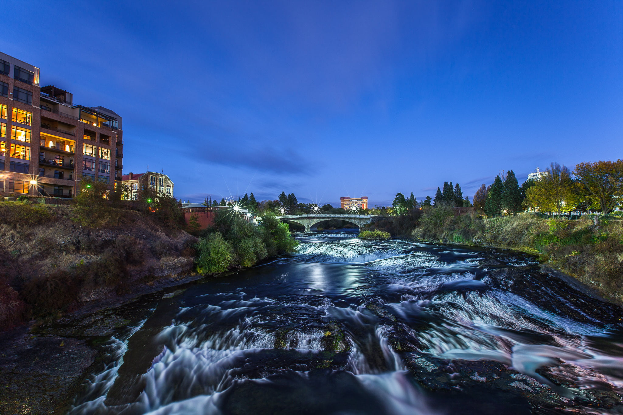 Spokane River, HD, stream, rise, worlds fair, water, sky, hdr, Photography, river, Lightroom, 1080P, building, Upper, River Falls, high rise building, HD Wallpaper