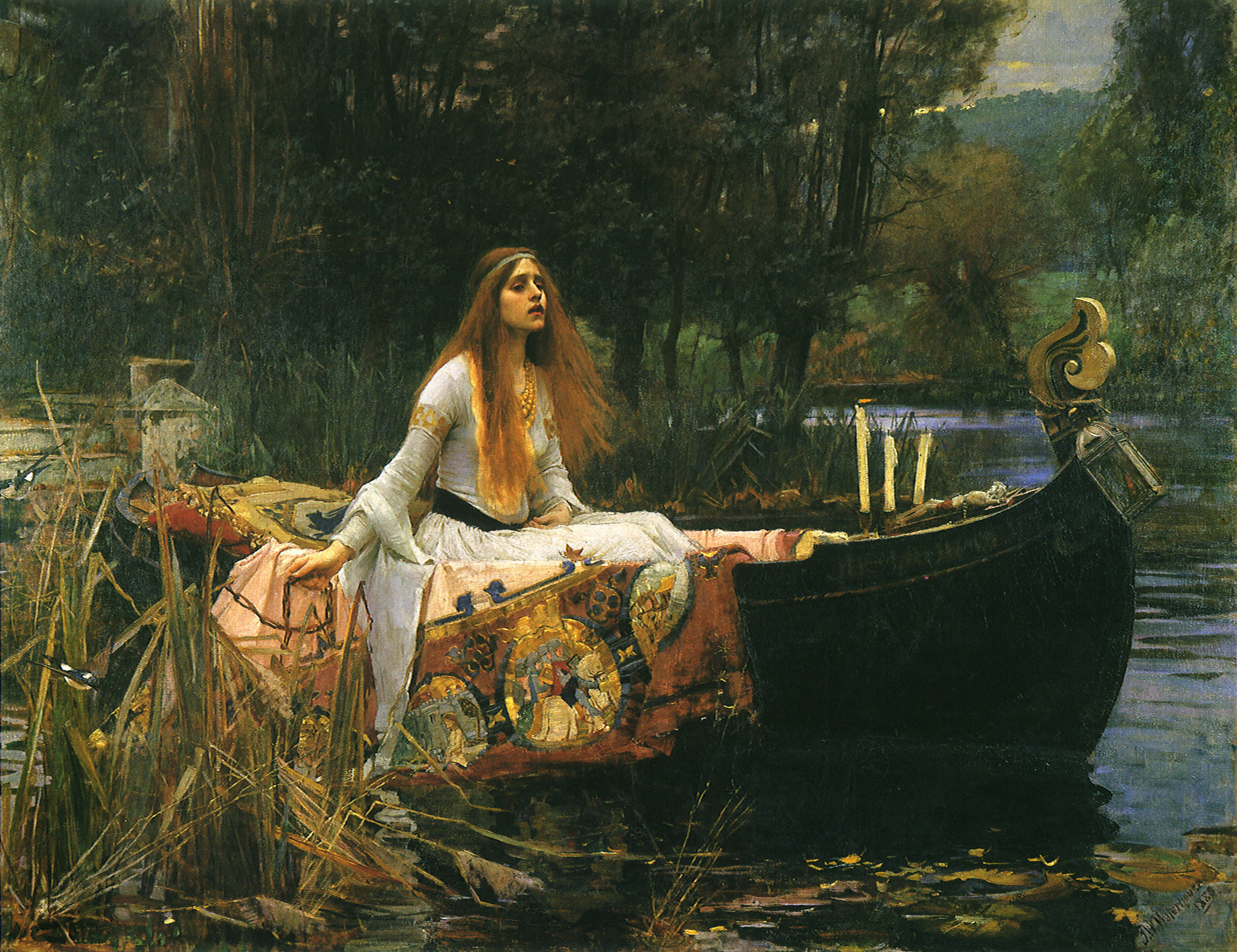 females, old-fashioned, hairstyle, one Person, preraphaelite, gold, Lady of shallotte, summer, sitting, adult, people, women, John William Waterhouse, beautiful, HD Wallpaper