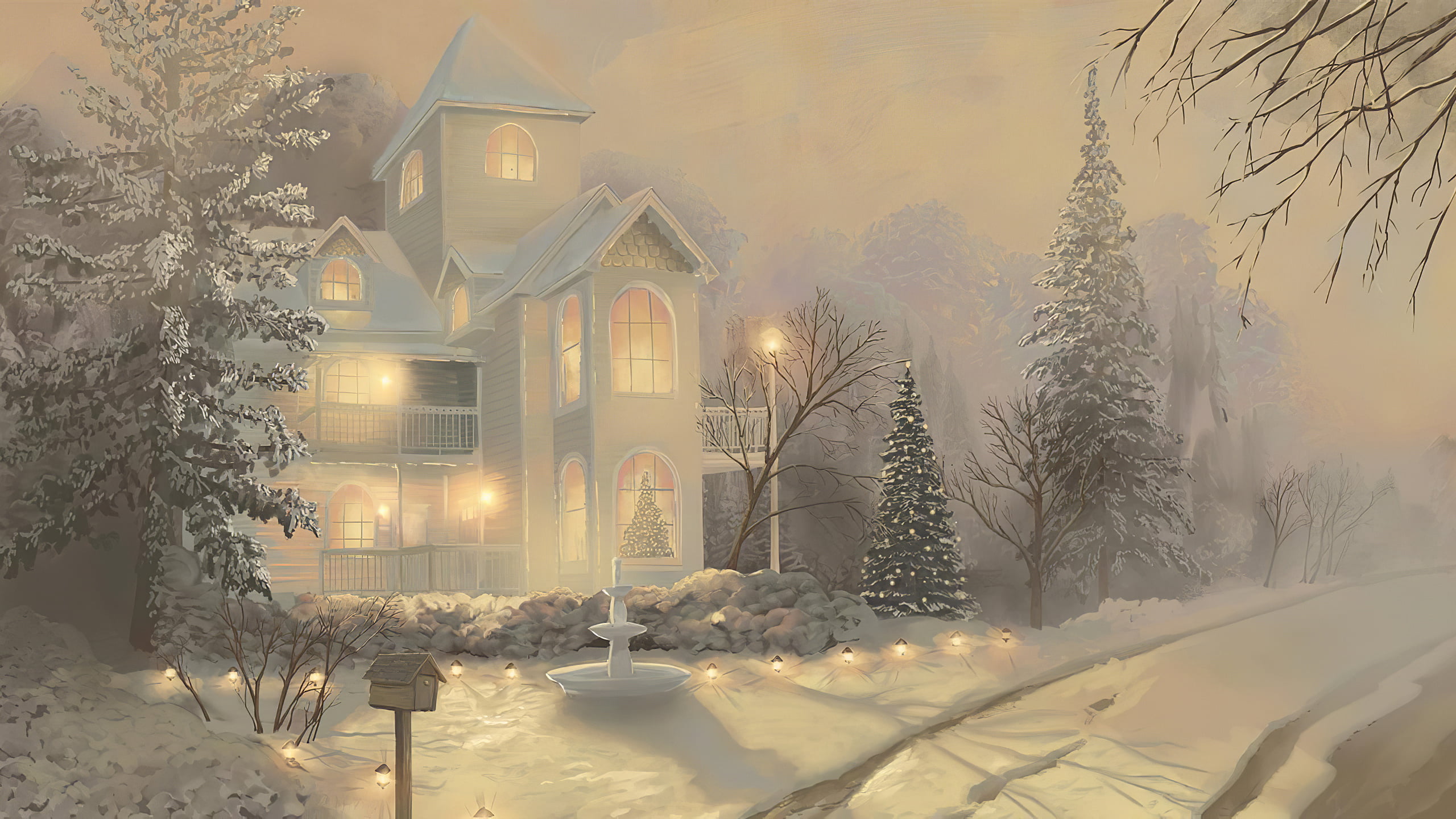 snow, winter, Christmas, painting, artwork, drawing, Victorian, 2K, landscape, house, HD Wallpaper