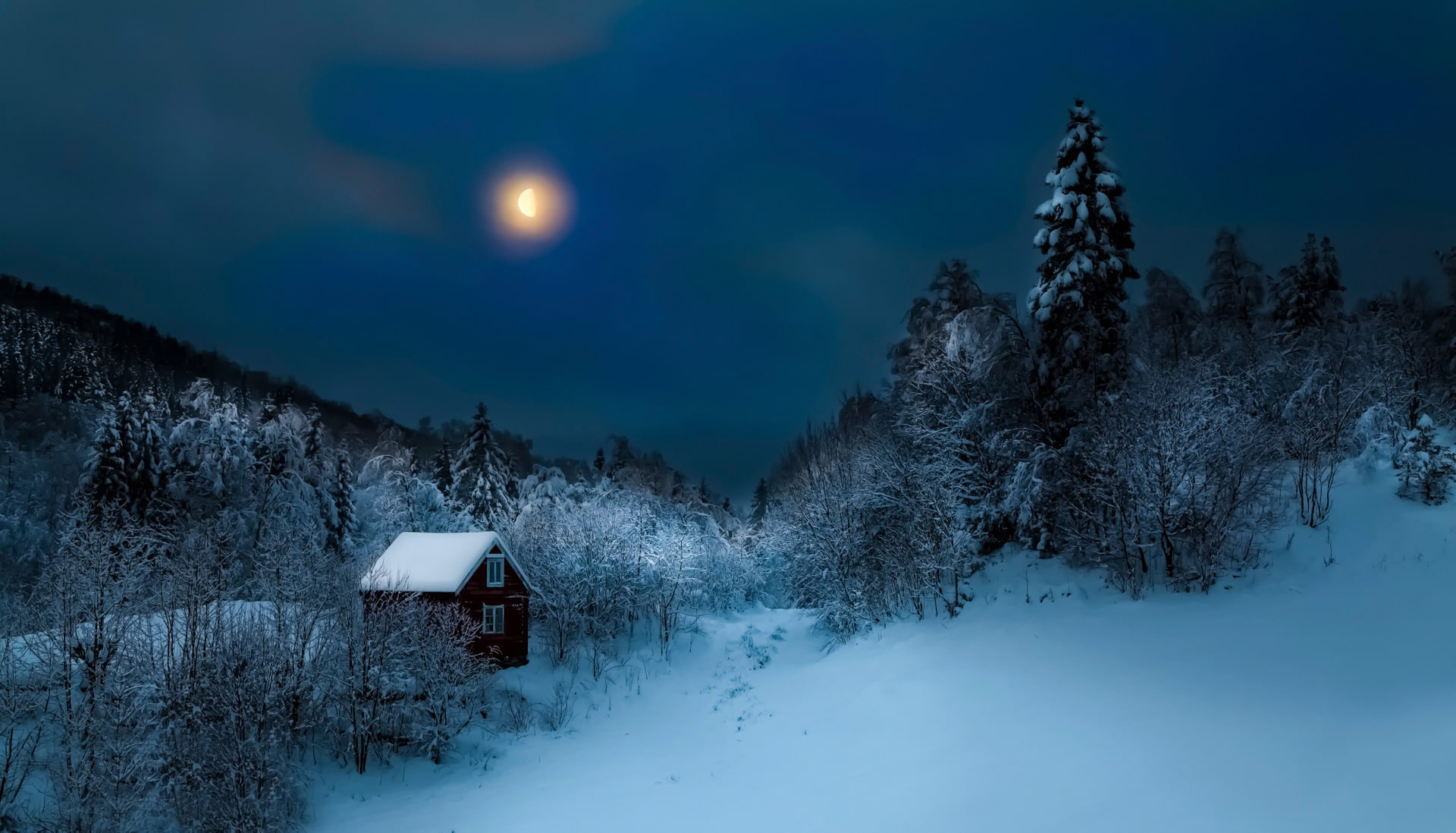 lonely, 1080P, old, house, night, the snow, the moon, winter, HD Wallpaper