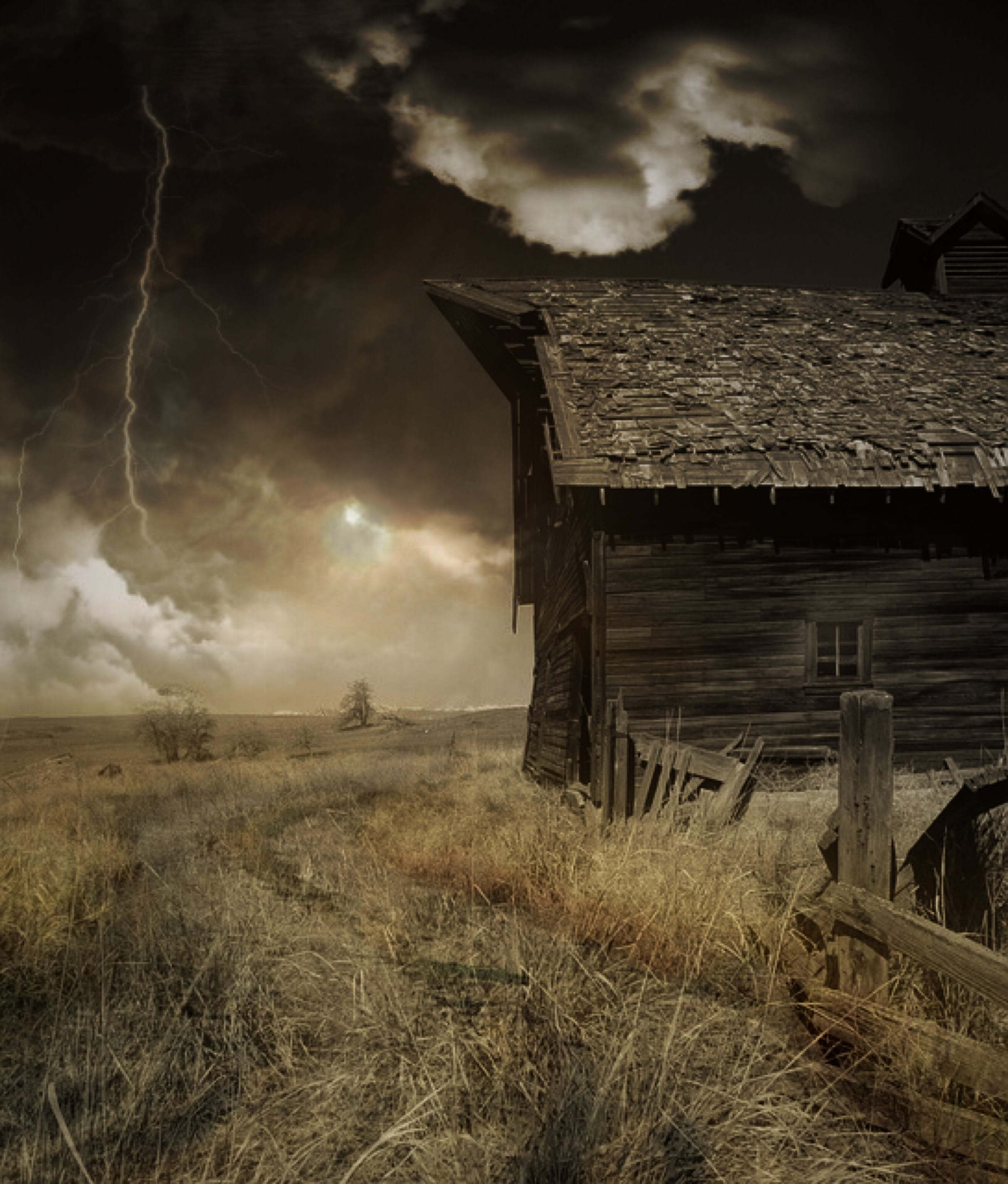house, run down, field, leave, thunderstorm, away, damaged, old house, built structure, no people, grass, broken, apocalypse, storm, hut, landscape, daytime, Phone HD Wallpaper