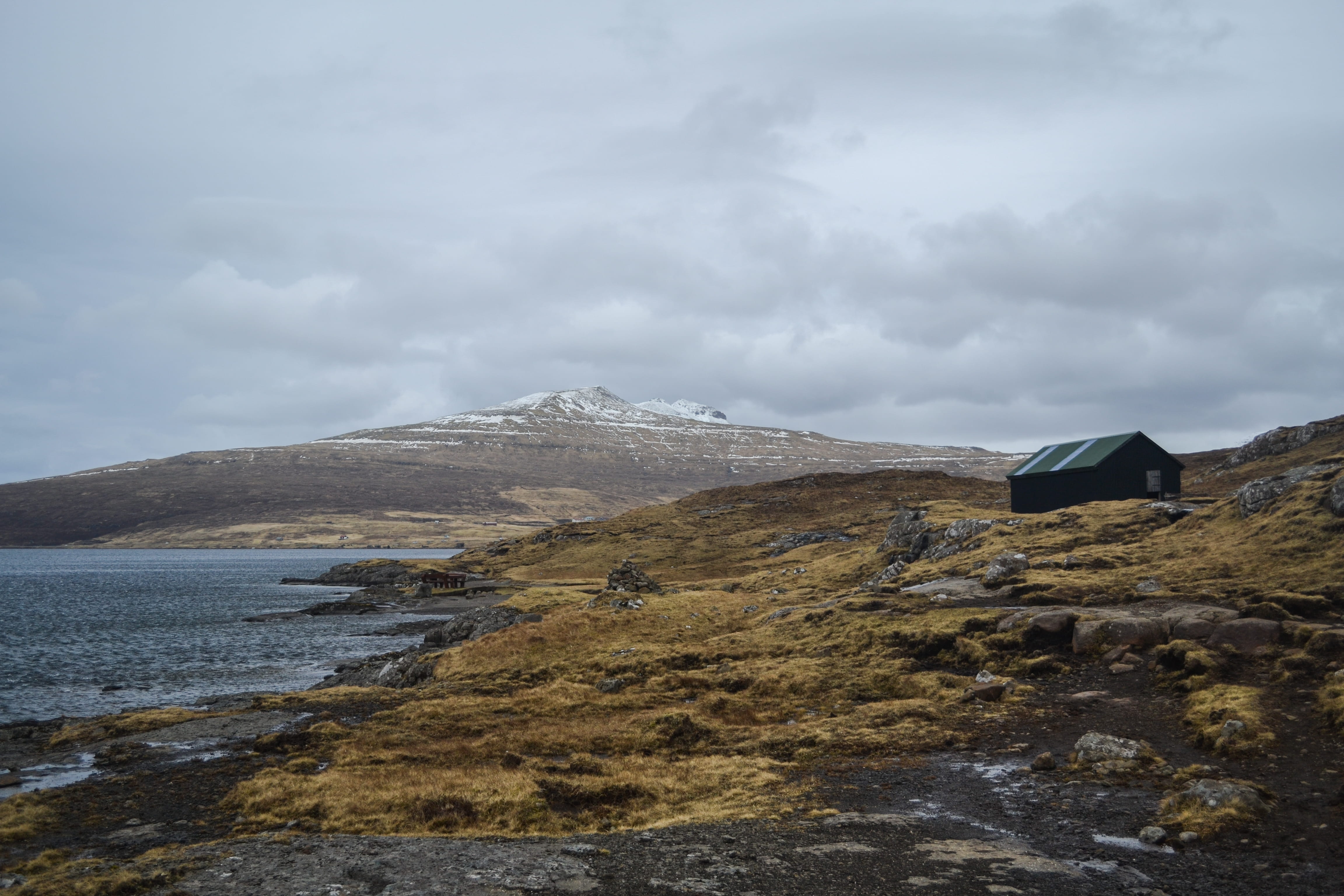 north, water, sky, mountain, tranquility, non-urban scene, faroe islands, landscape, day, winter, house, outdoors, nature, rock - object, 4K, lonely, solid, HD Wallpaper