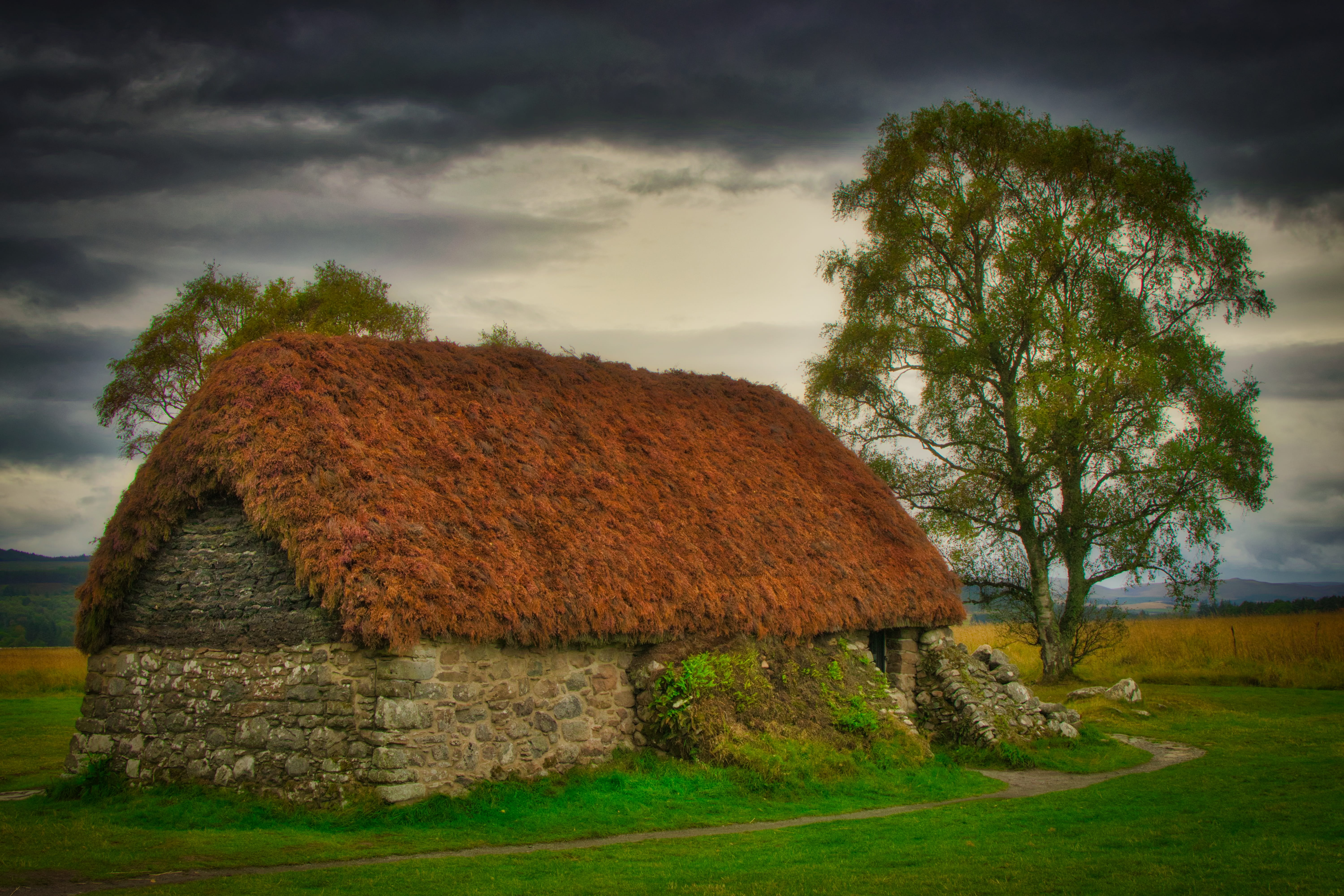 sky, green color, field, rural scene, clouds, 5K, tranquility, old, architecture, growth, stone, rural, lonely, outdoors, land, no people, day, house, HD Wallpaper