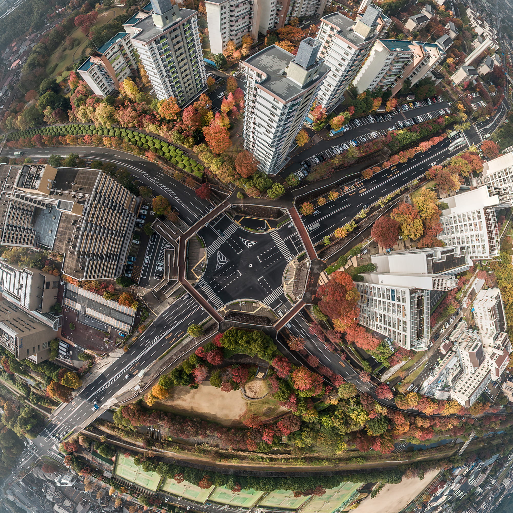 built structure, autumn, road, kyoto, office building exterior, little planet, skyscraper, cityscape, shuriken, modern, traffic junction, fish eye, drone, Phone HD Wallpaper