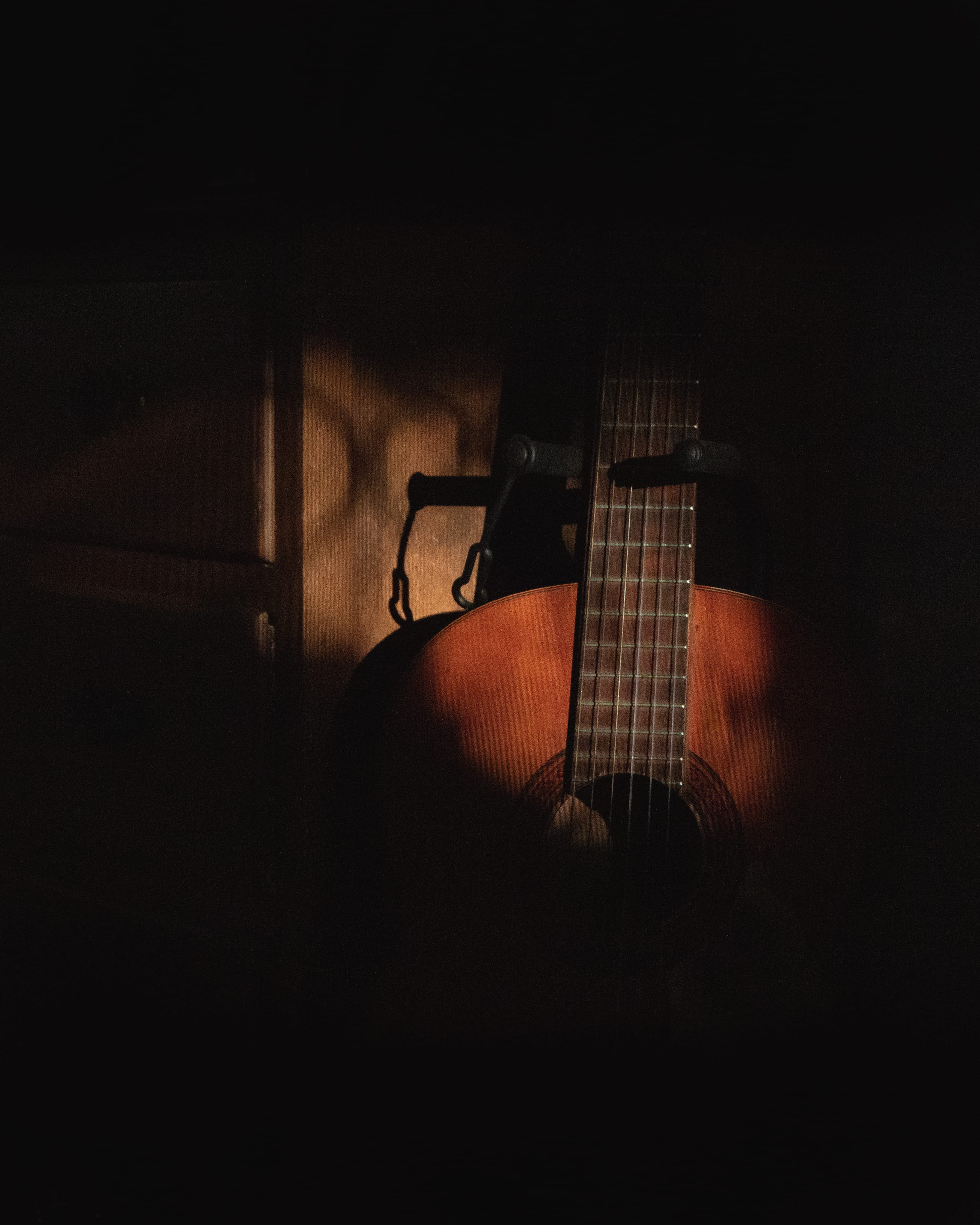 instrument, domestic room, guitar, musical instrument, music, lifestyles, string instrument, 2K, moody, human hand, playing, dark, indoors, Phone HD Wallpaper