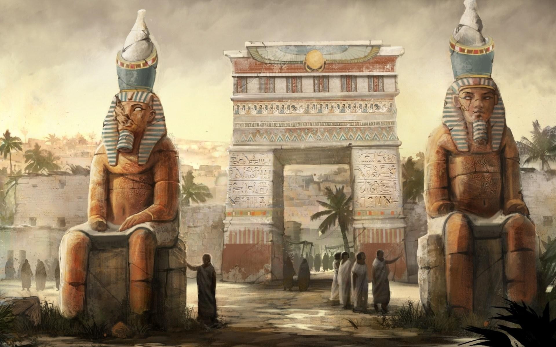 1080P, people digital art fantasy art egyptian gods statue town hieroglyphics palm trees artwork stone house, HD Wallpaper