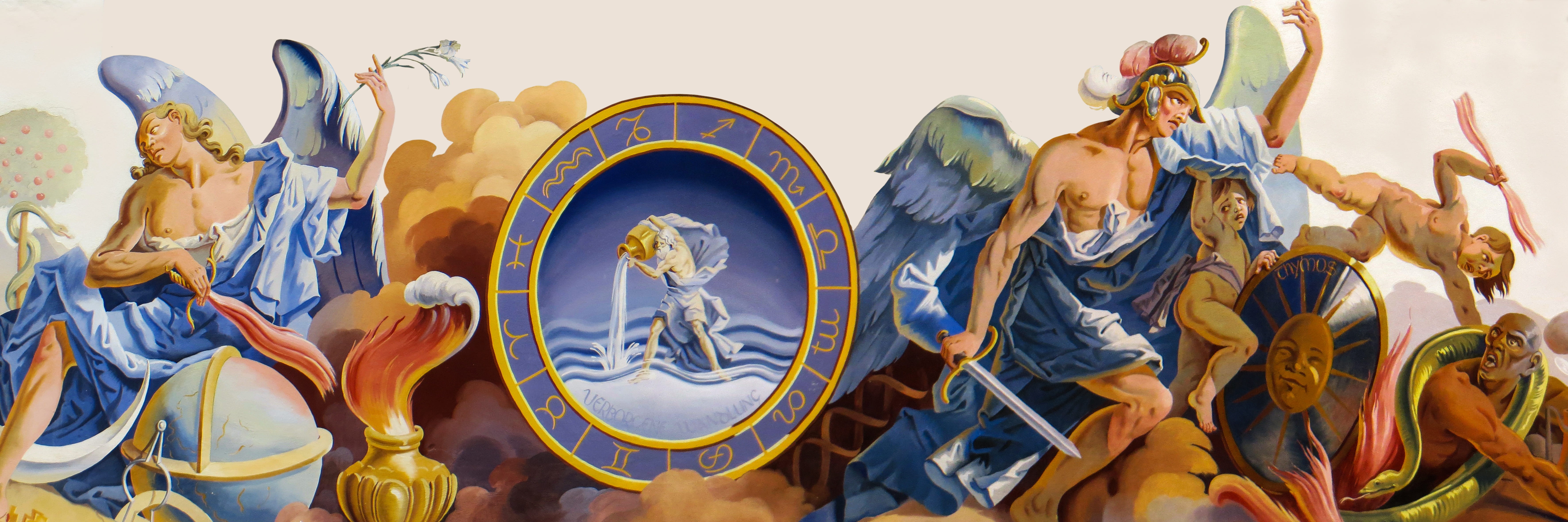 human representation, shield, sun, partenkirchen, panoramic, yellow, house painting, illustration, gods, painting, low angle view, human limb, front view, HD Wallpaper