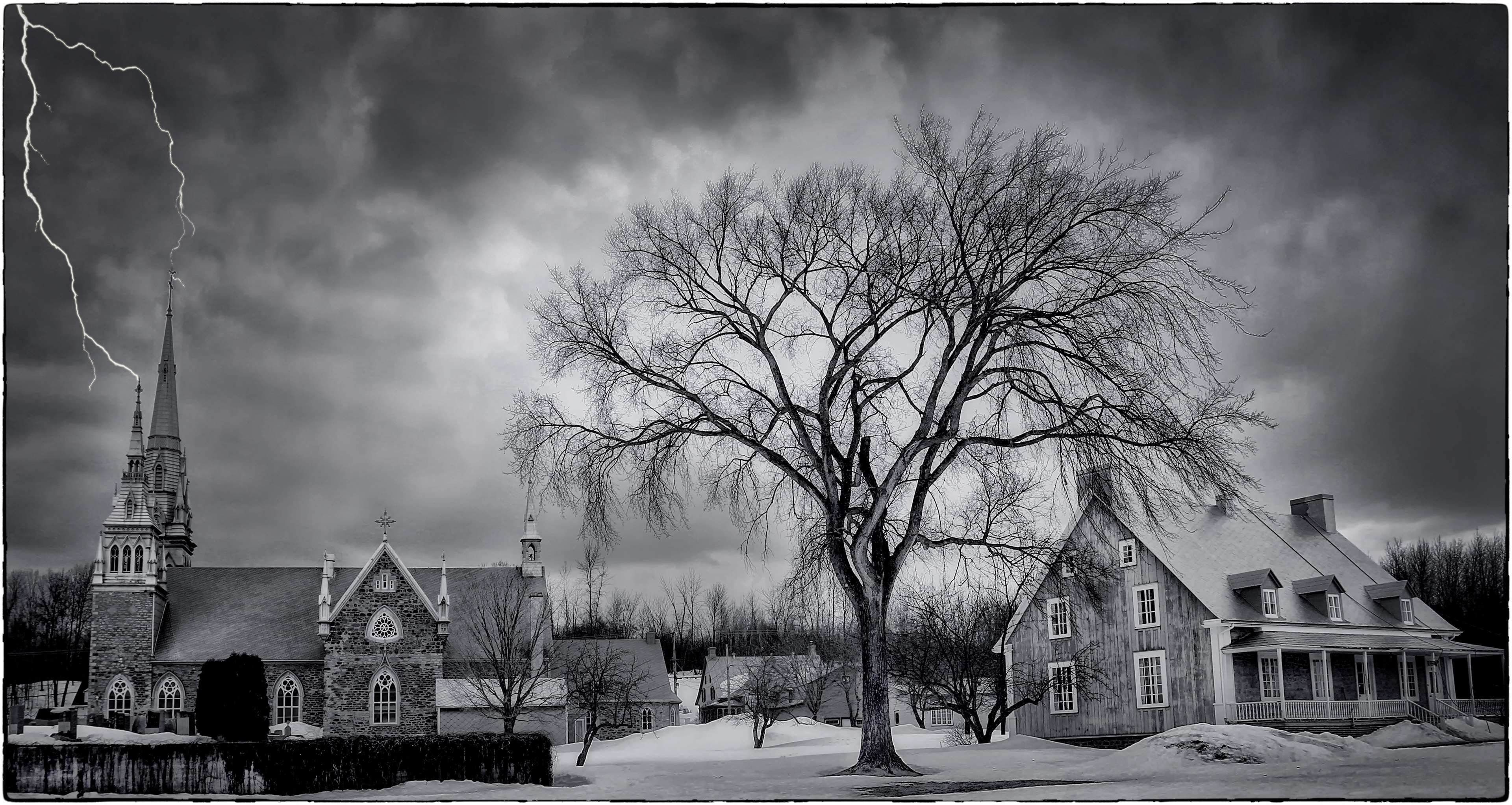 sky, tree, winter, cloud - sky, church, presbytery, lightning, god, house, architecture, black and white, building, light, no people, landscape, city, outdoors, HD Wallpaper