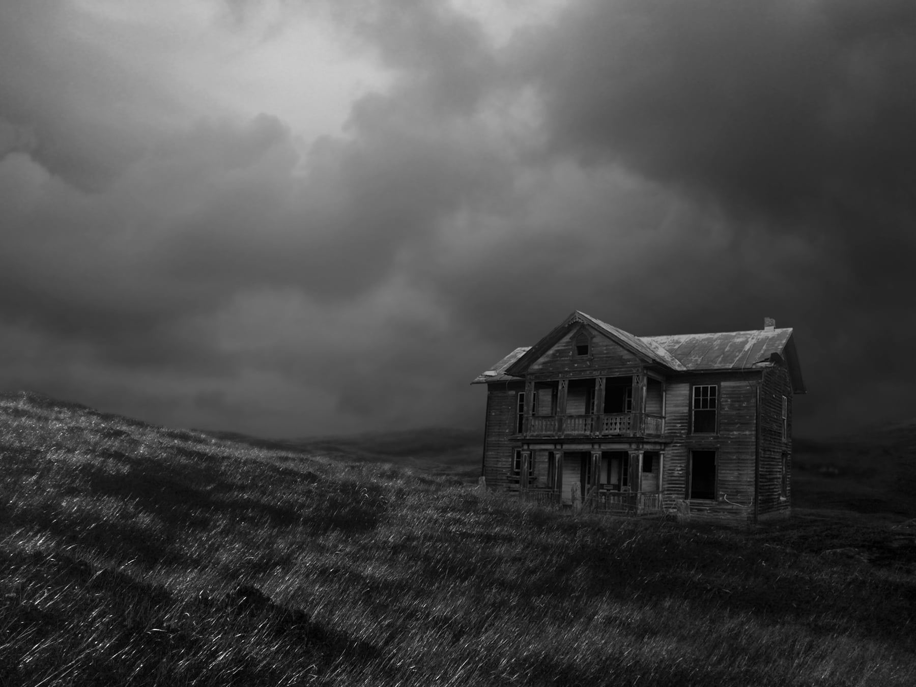 land, photography, cottage, tranquility, abandoned, grayscale, landscape, cloud - sky, photo, no people, house, building, monochrome, nature, building exterior, HD Wallpaper